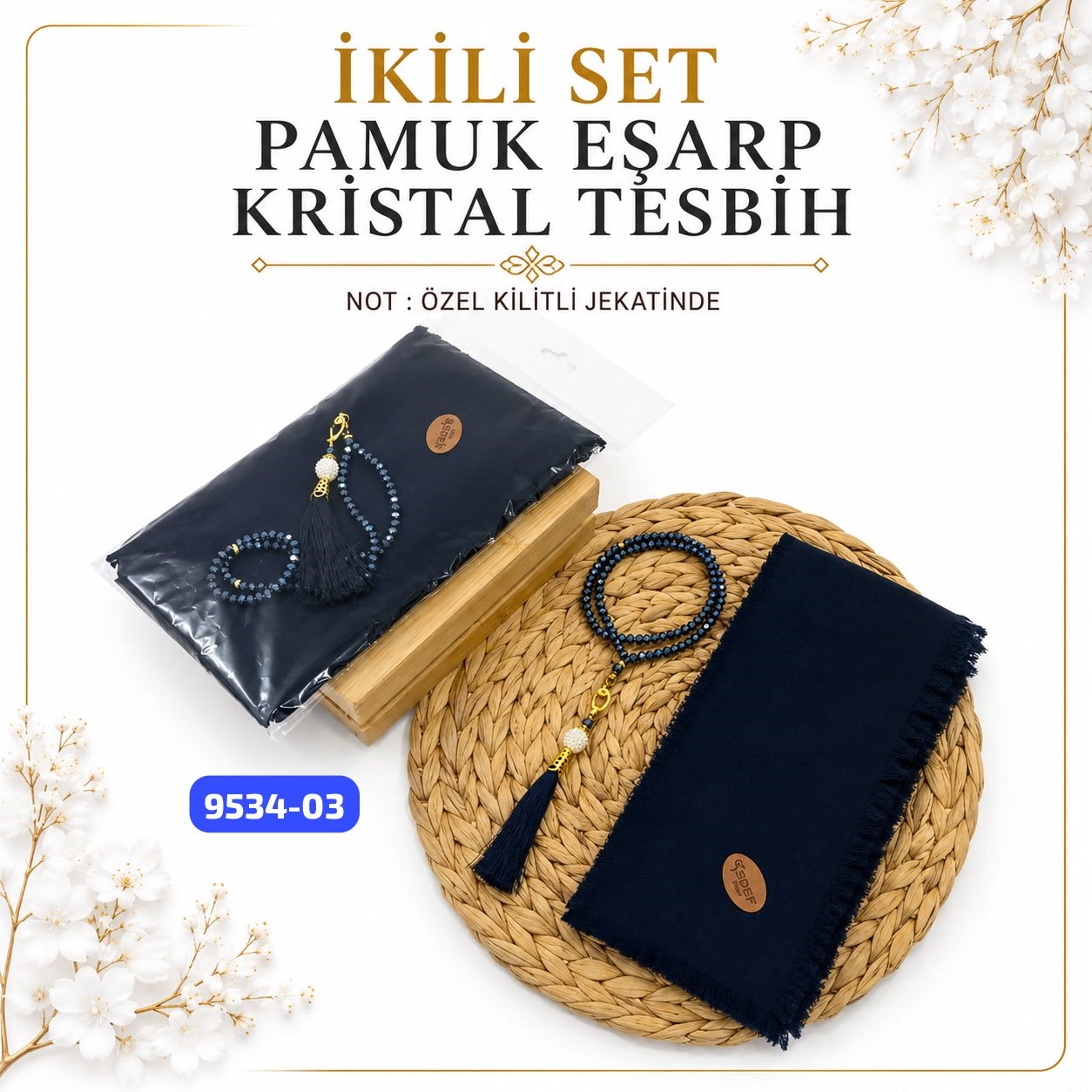 Pamuklu Eşarp Kristal Tesbih Set