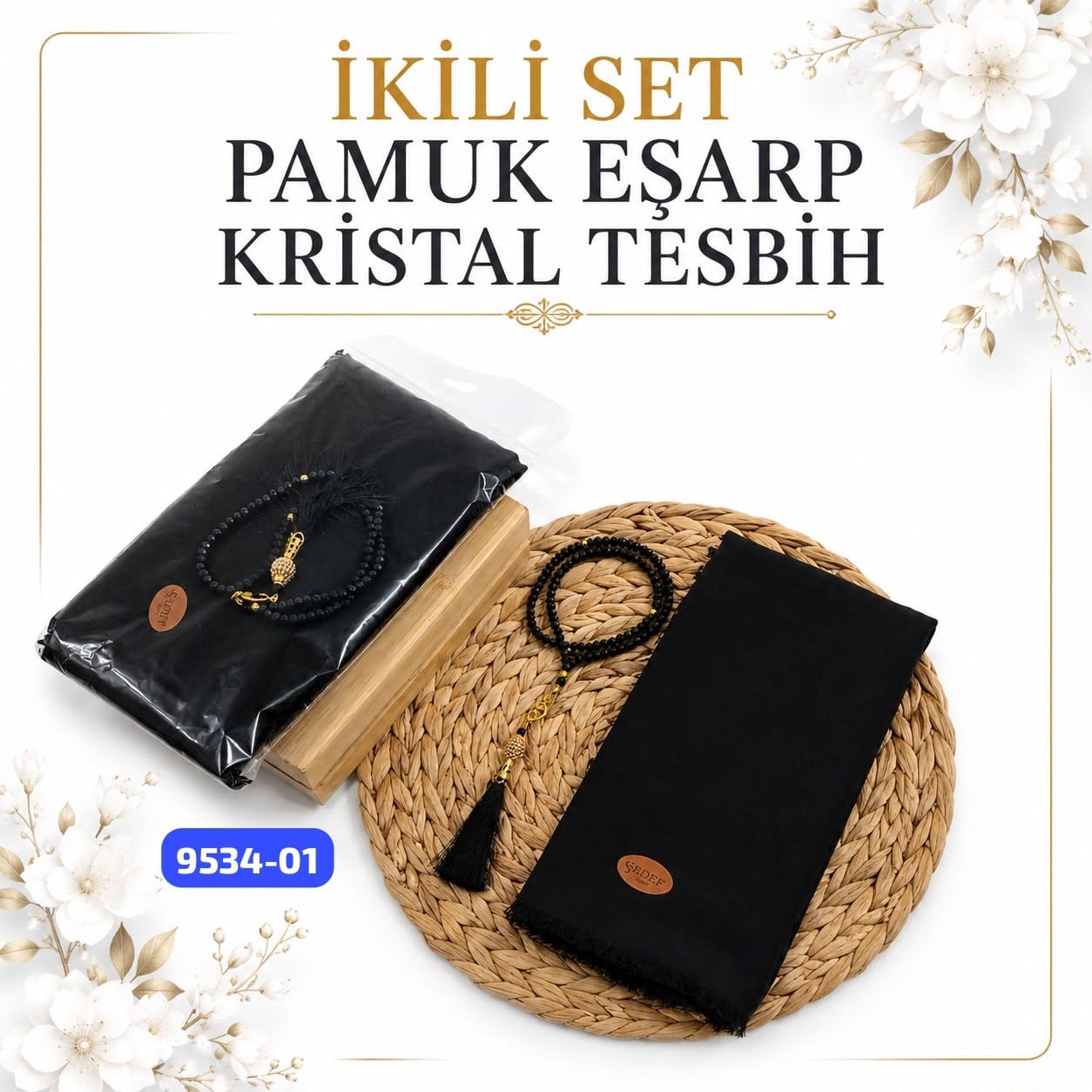 Pamuklu Eşarp Kristal Tesbih Set