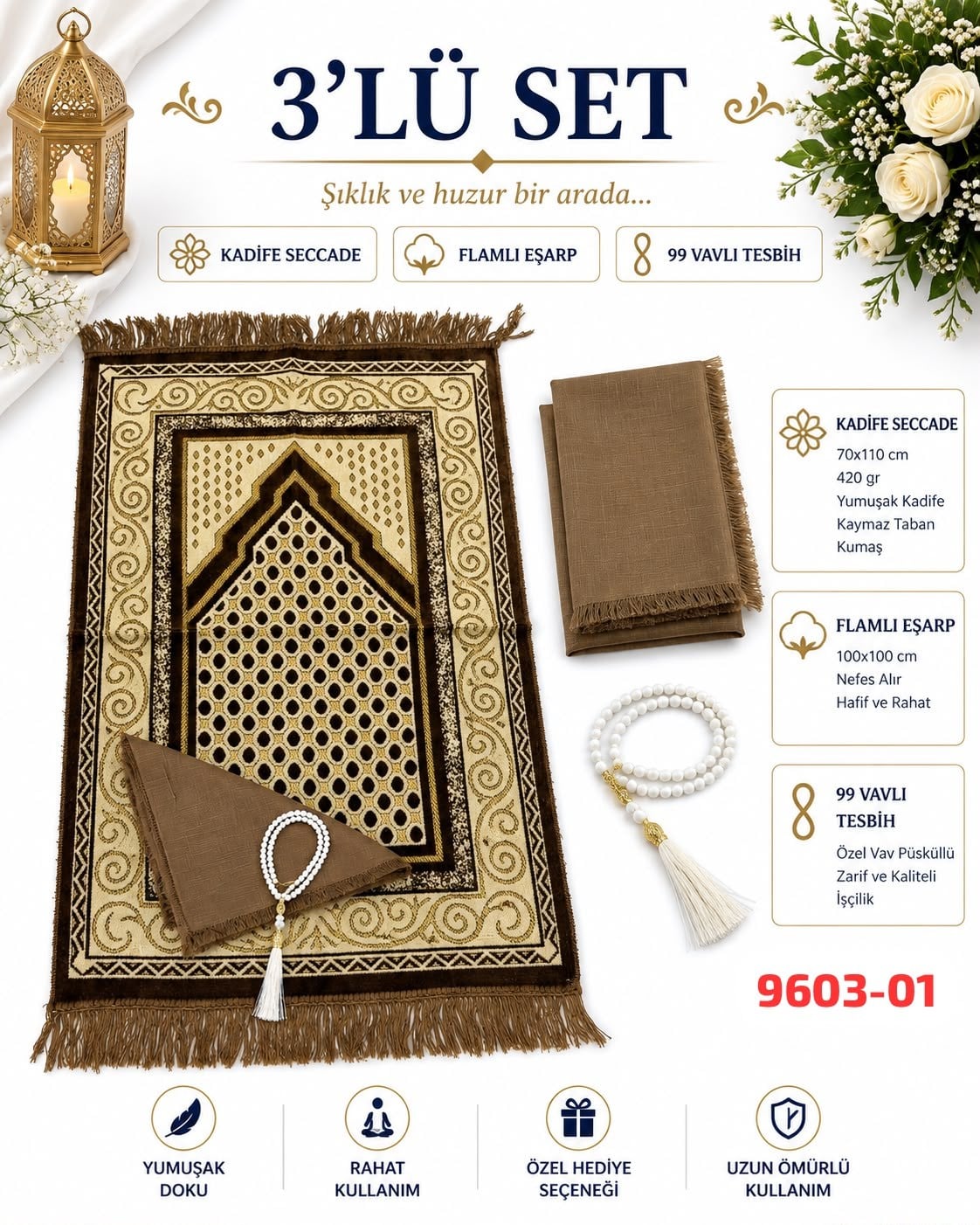 Seccade Eşarp Tesbih Set