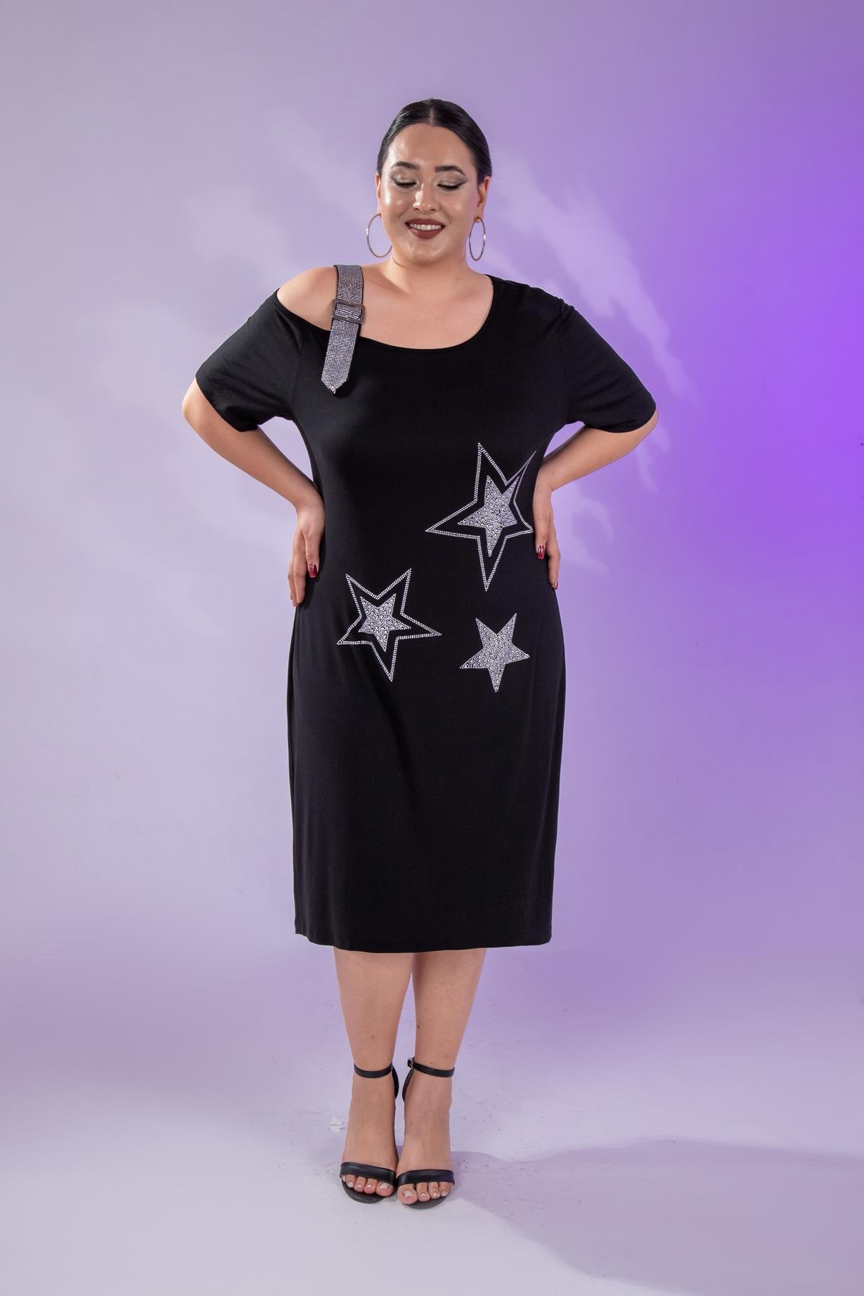 Büyük Beden 1111058 Yıldız Taşlı Abiye  Elbise  Siyah