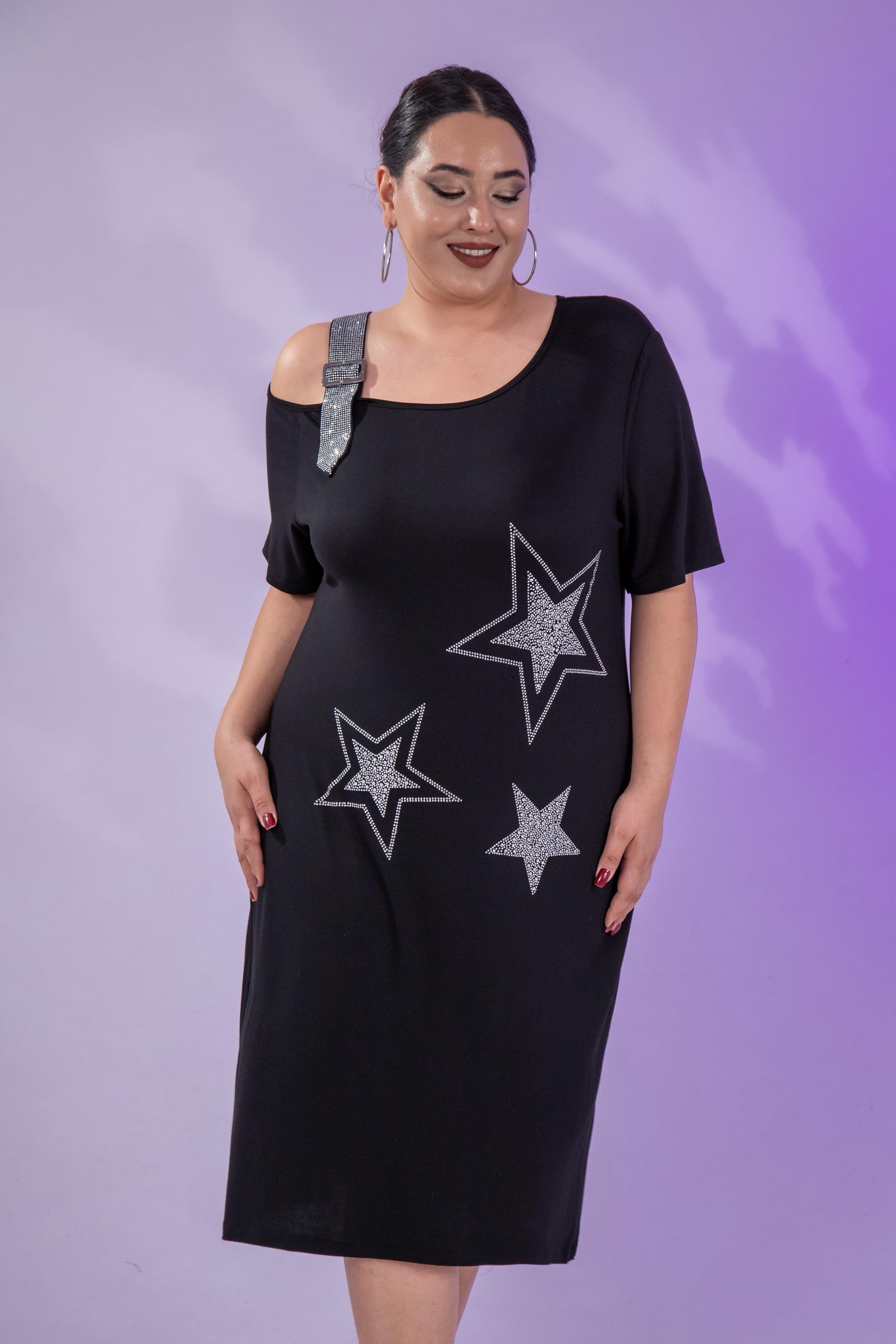Büyük Beden 1111058 Yıldız Taşlı Abiye  Elbise  Siyah