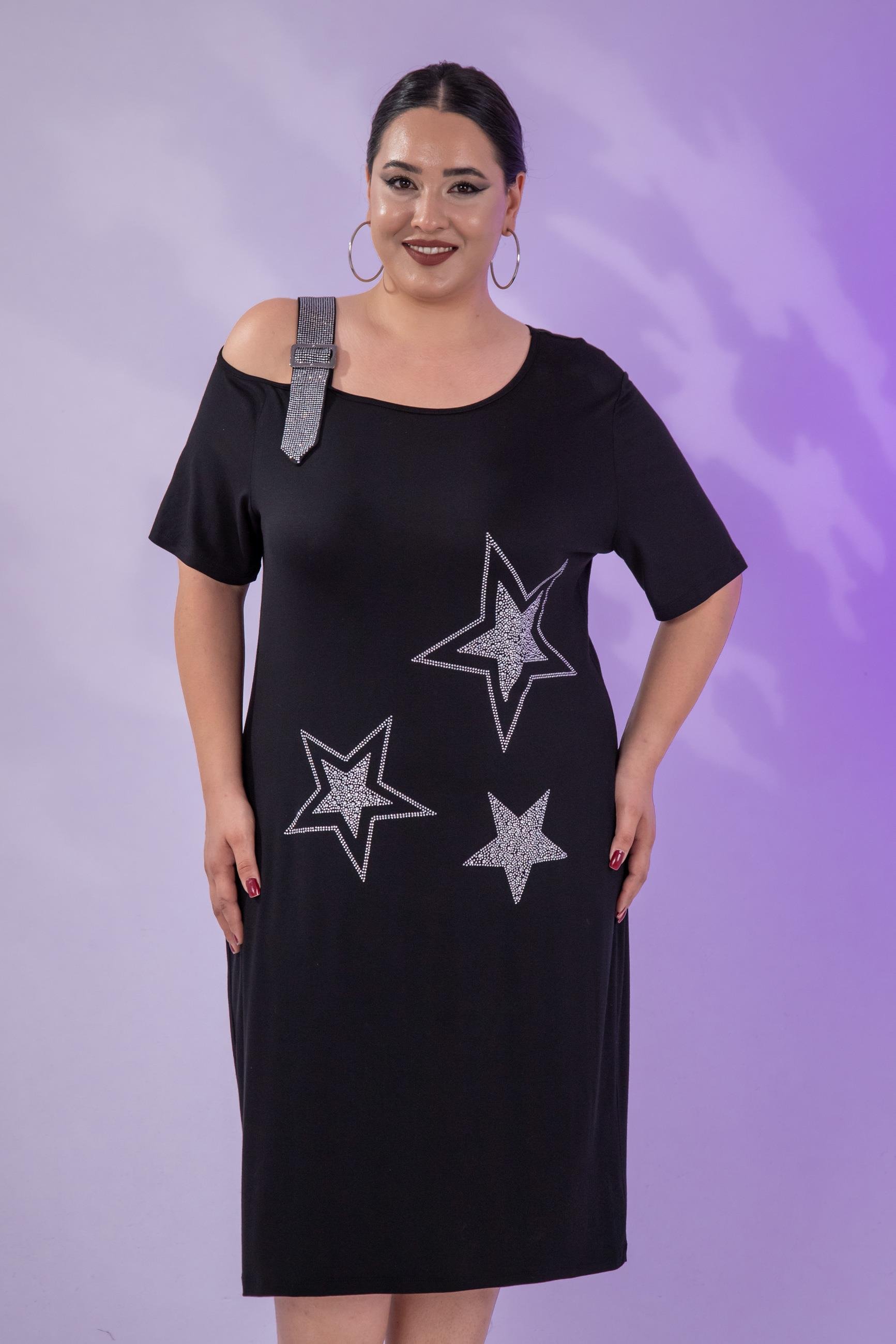 Büyük Beden 1111058 Yıldız Taşlı Abiye  Elbise  Siyah