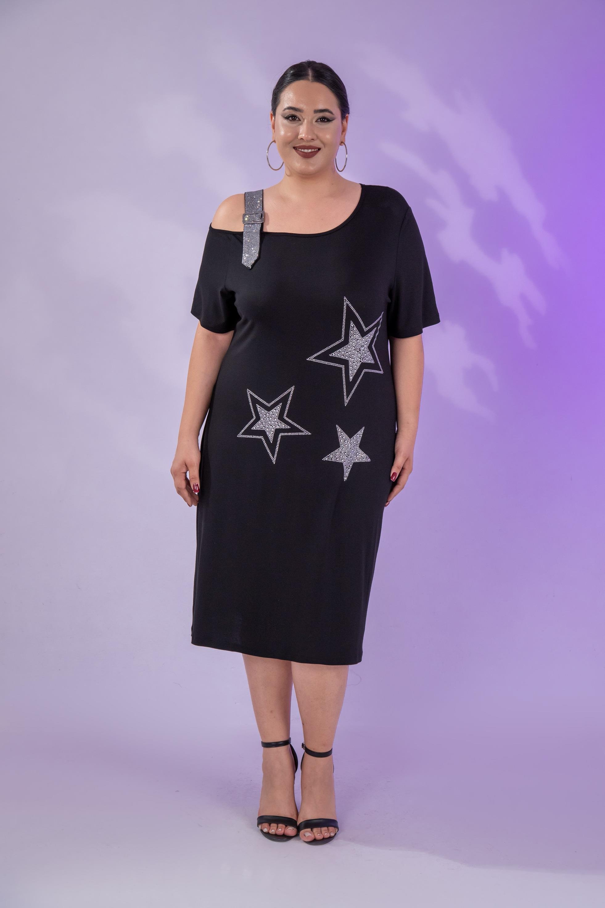 Büyük Beden 1111058 Yıldız Taşlı Abiye  Elbise  Siyah