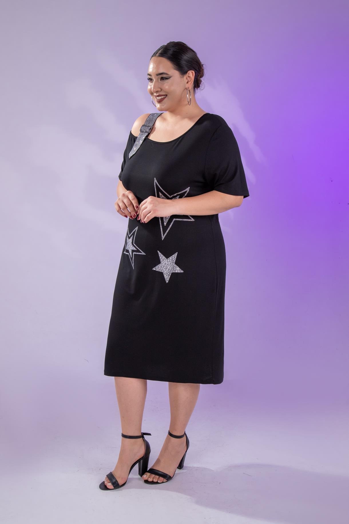 Büyük Beden 1111058 Yıldız Taşlı Abiye  Elbise  Siyah