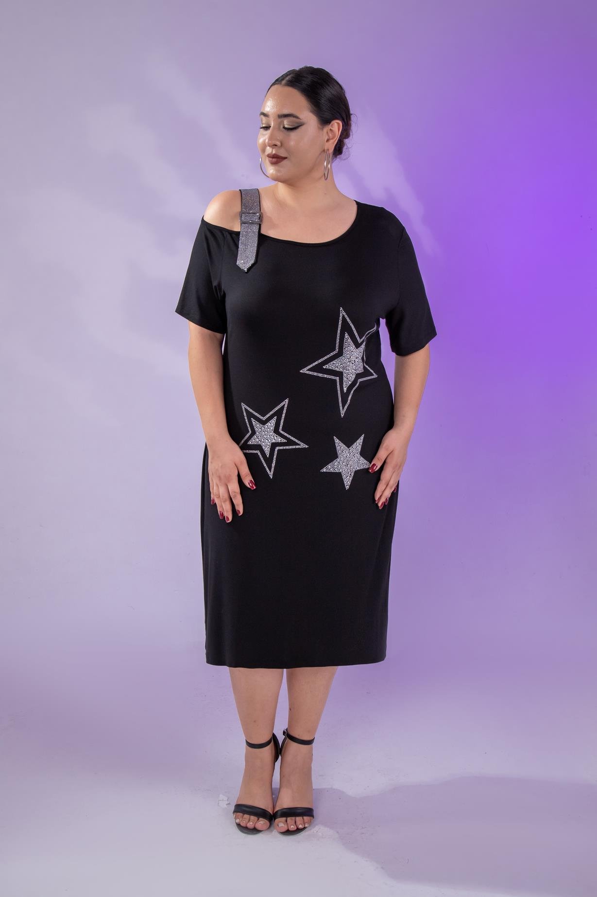 Büyük Beden 1111058 Yıldız Taşlı Abiye  Elbise  Siyah