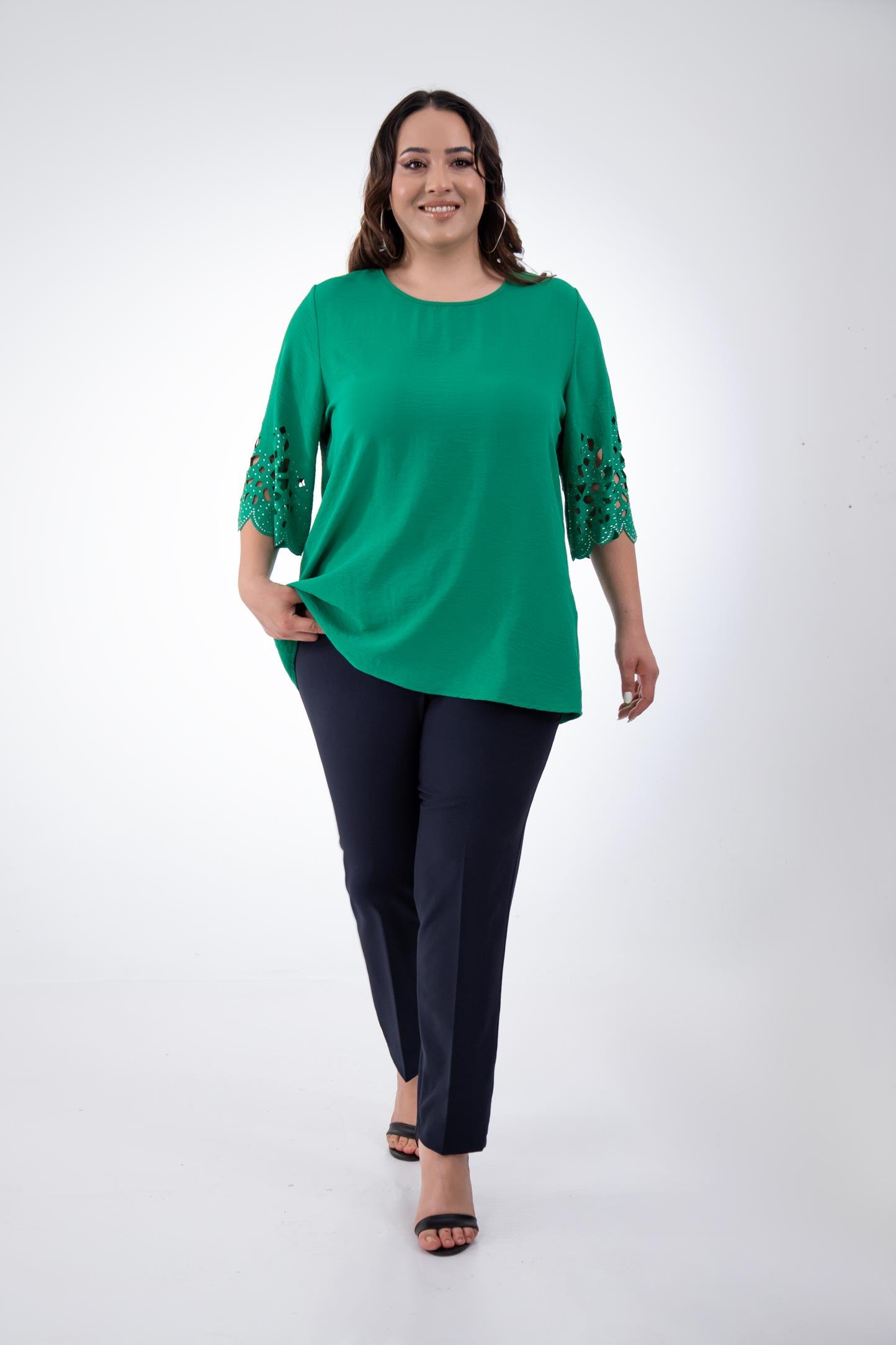 Büyük Beden 111960 Kolu Taş İşlemeli  Bluz  Yeşil