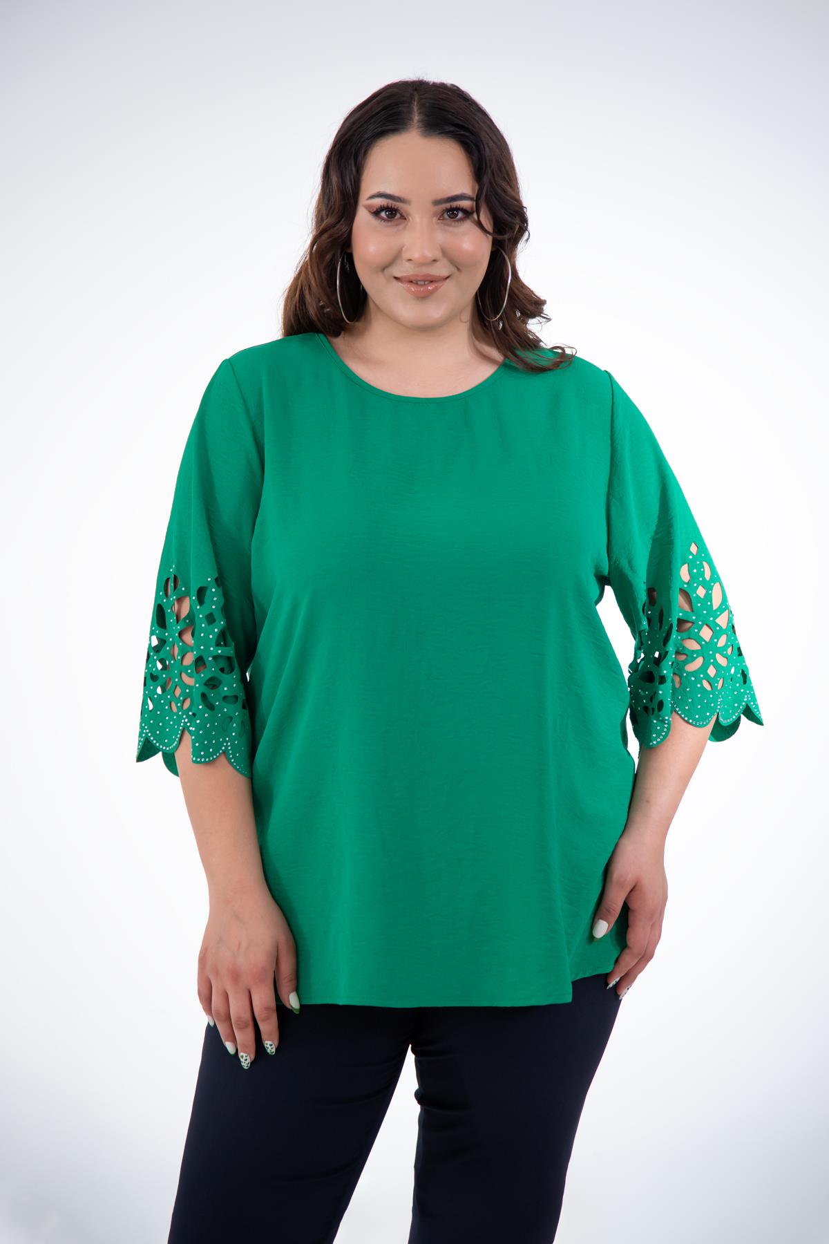 Büyük Beden 111960 Kolu Taş İşlemeli  Bluz  Yeşil