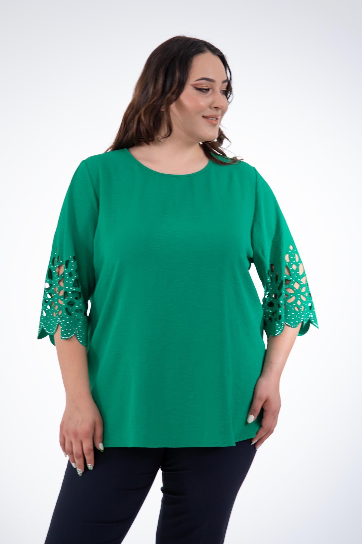 Büyük Beden 111960 Kolu Taş İşlemeli  Bluz  Yeşil