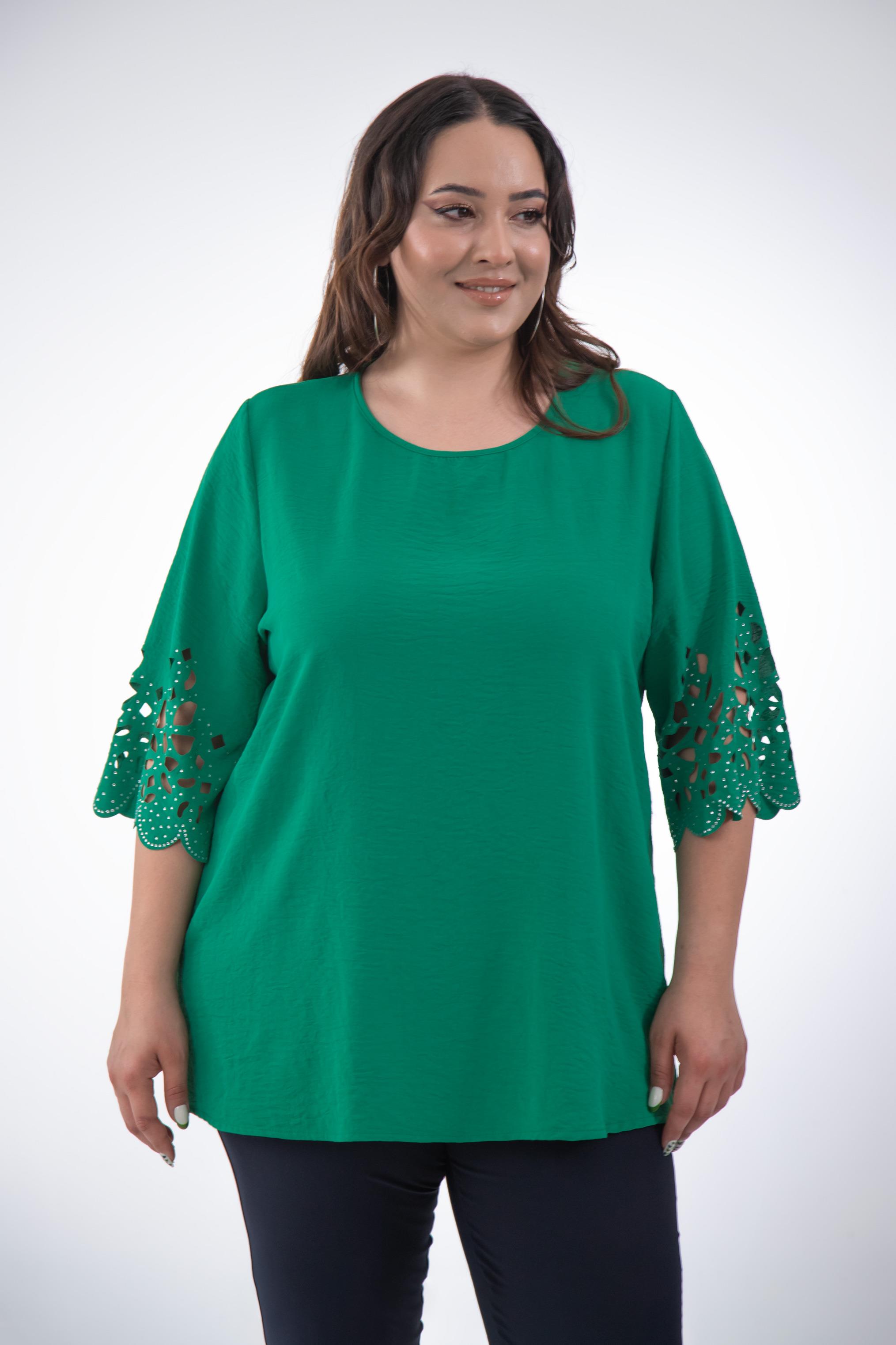 Büyük Beden 111960 Kolu Taş İşlemeli  Bluz  Yeşil