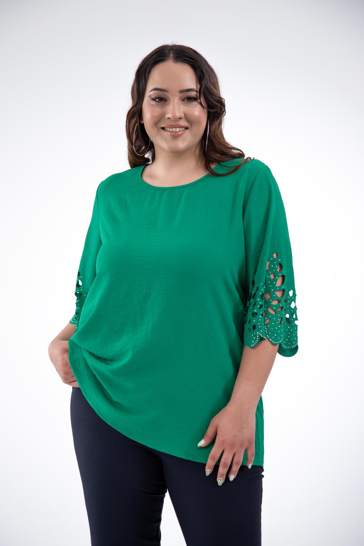 Büyük Beden 111960 Kolu Taş İşlemeli  Bluz  Yeşil