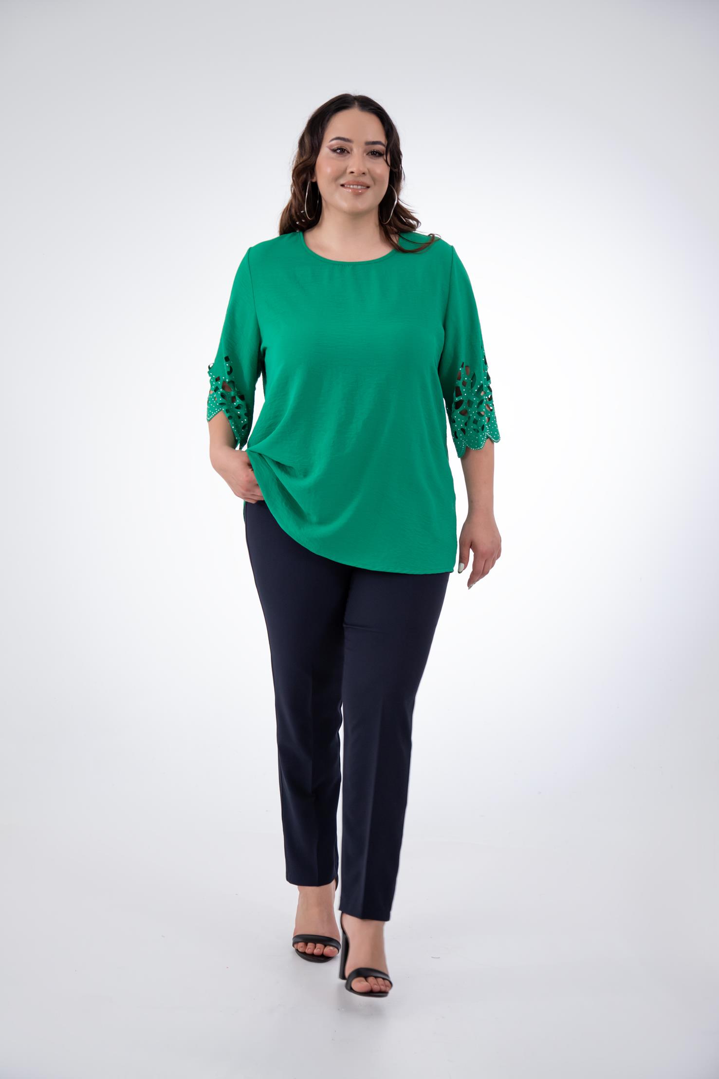 Büyük Beden 111960 Kolu Taş İşlemeli  Bluz  Yeşil