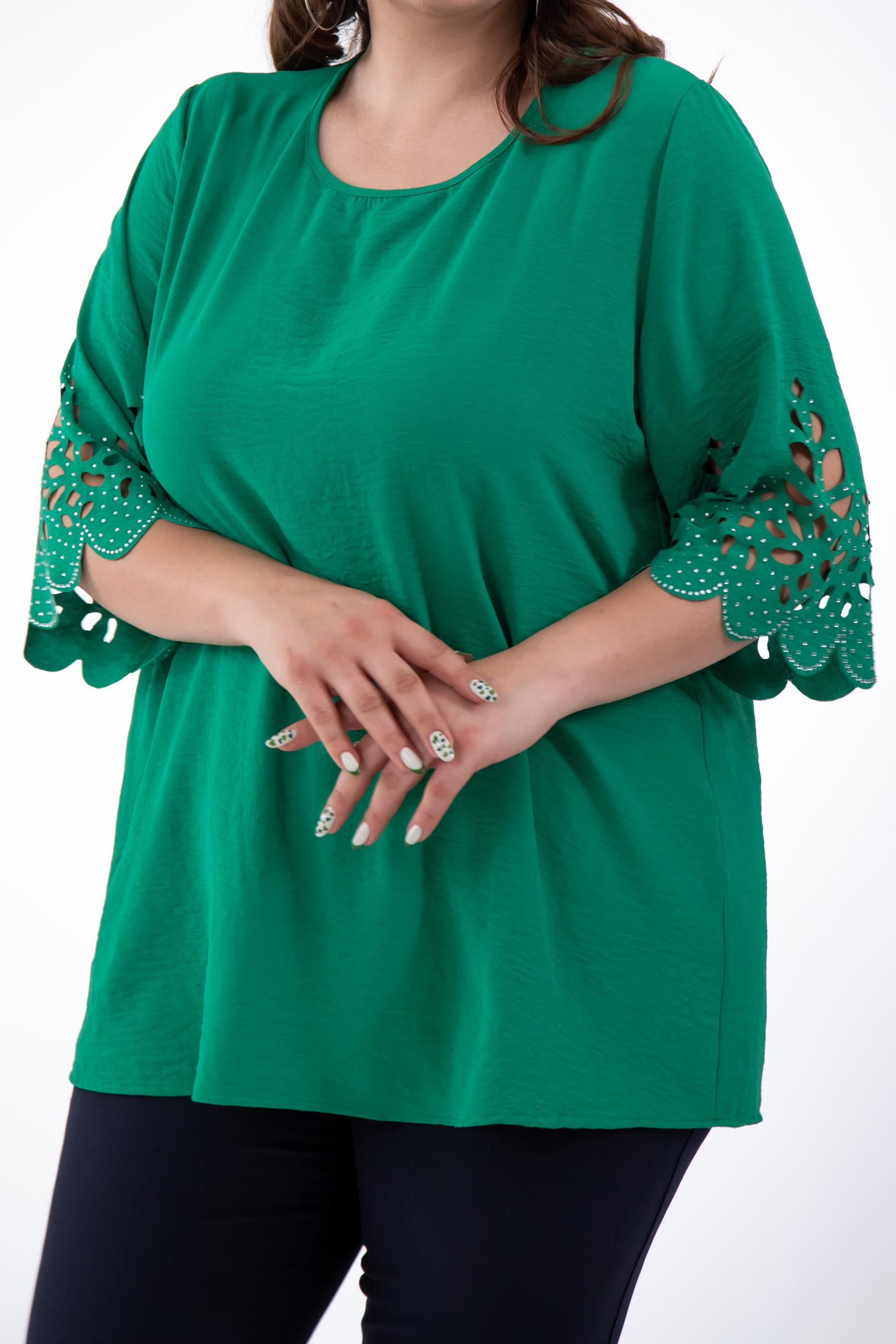 Büyük Beden 111960 Kolu Taş İşlemeli  Bluz  Yeşil