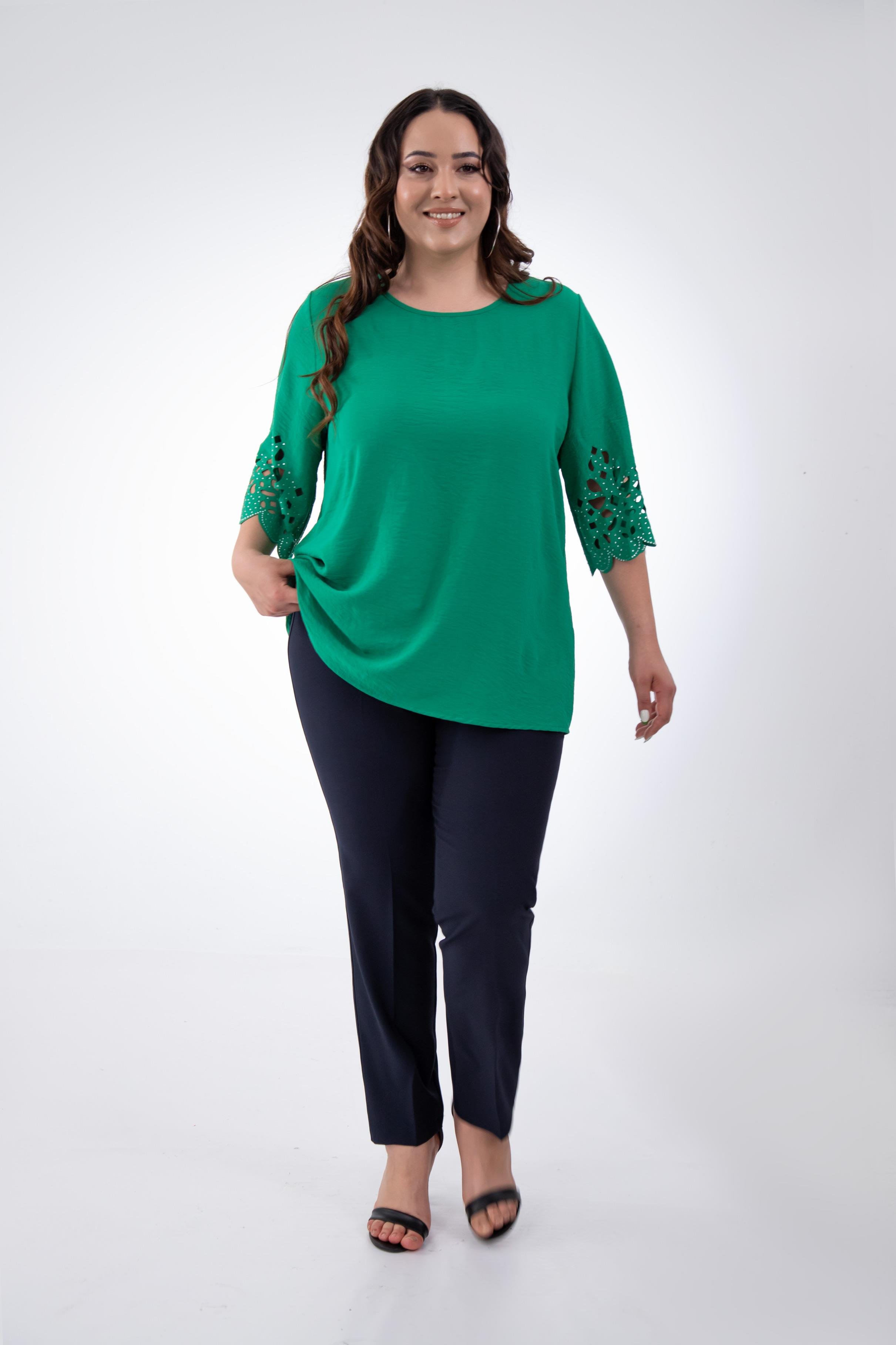 Büyük Beden 111960 Kolu Taş İşlemeli  Bluz  Yeşil