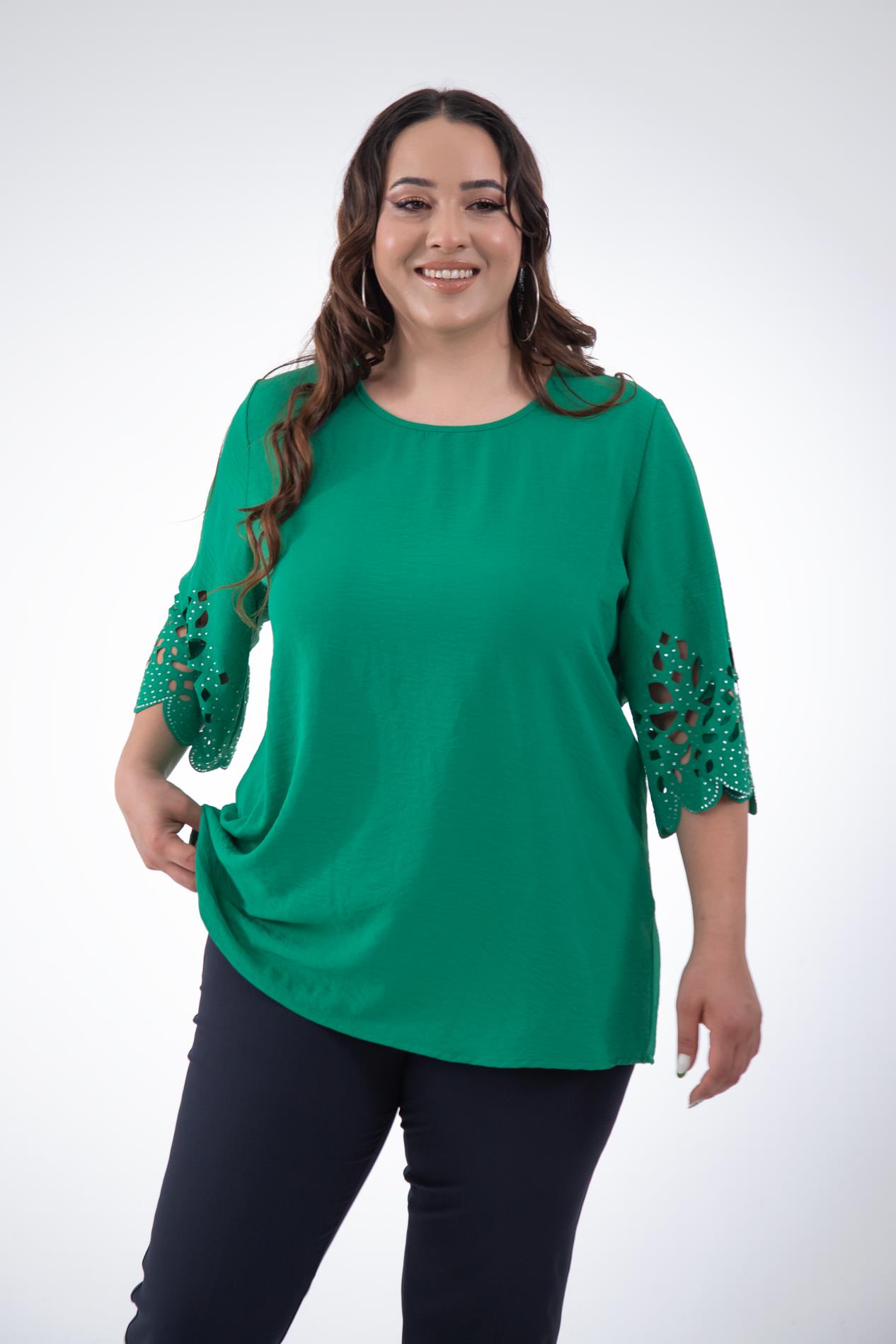Büyük Beden 111960 Kolu Taş İşlemeli  Bluz  Yeşil