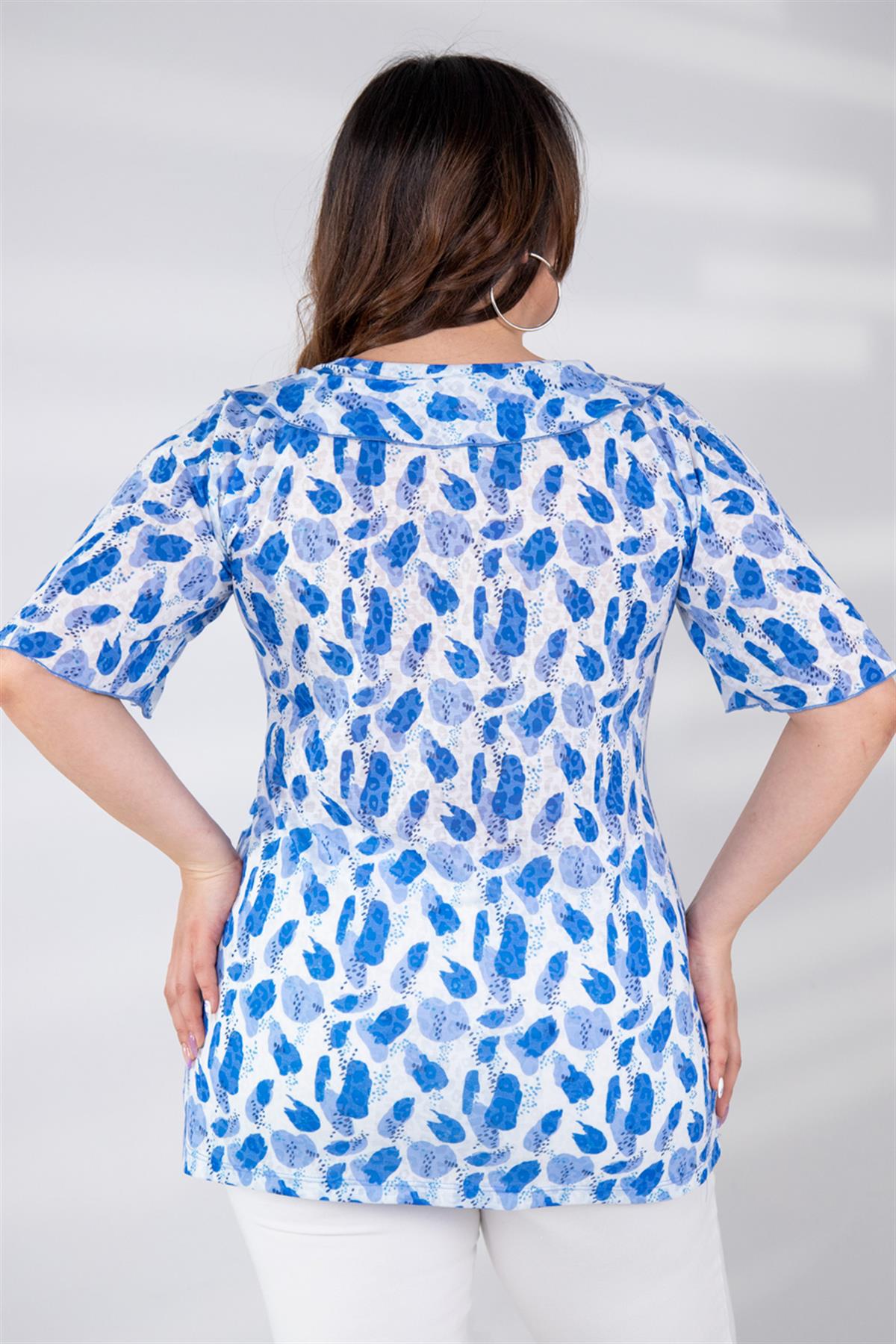 Büyük Beden 112023 Kübra Desenli Bluz  Beyaz-Leopar 