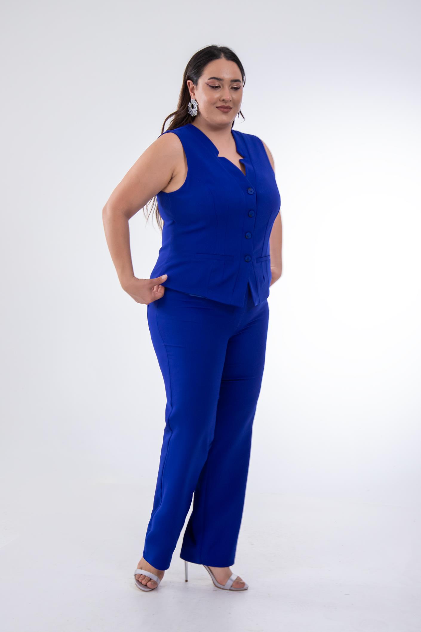 Büyük Beden 112035 Düğme Detaylı Yelekli Takım  Saks