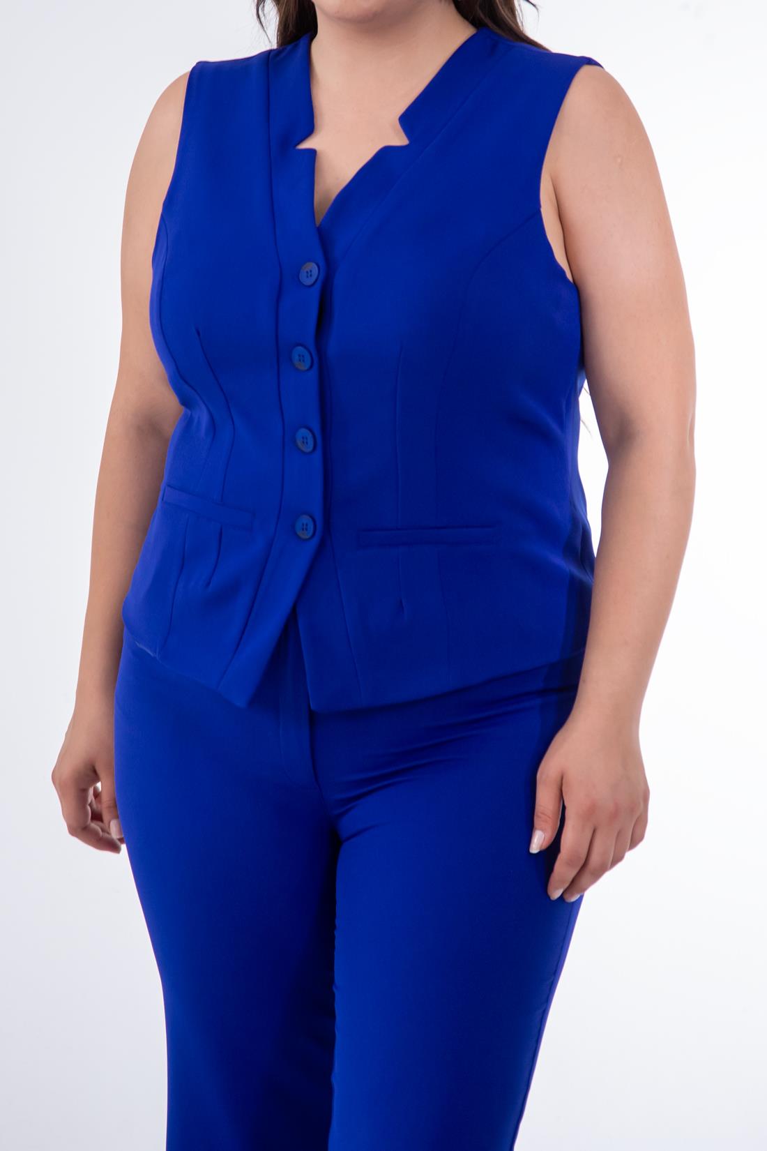 Büyük Beden 112035 Düğme Detaylı Yelekli Takım  Saks