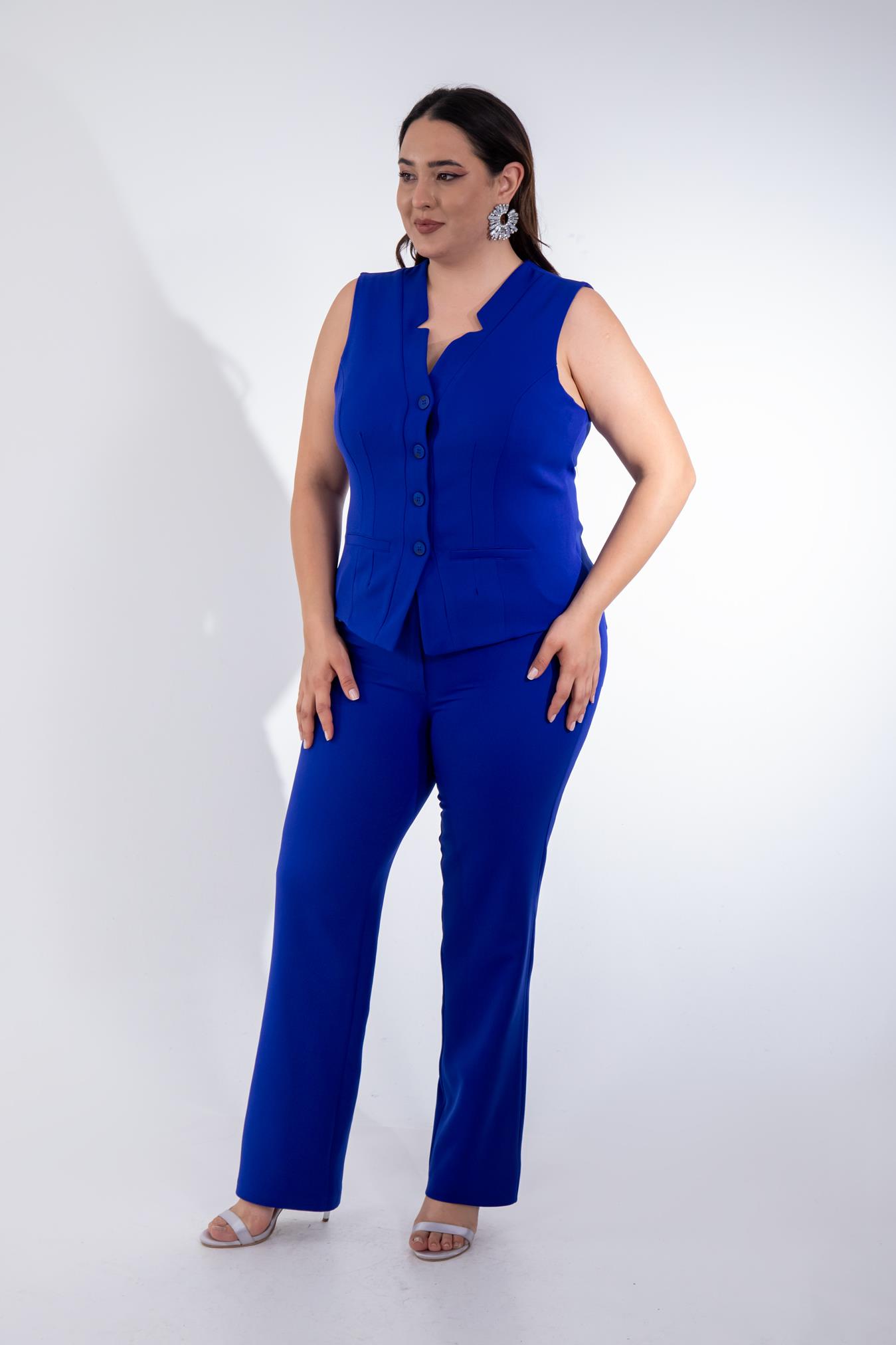 Büyük Beden 112035 Düğme Detaylı Yelekli Takım  Saks