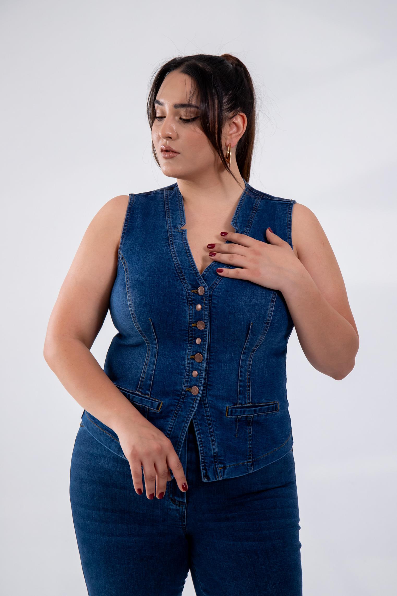 Büyük Beden 112063 Cep Detaylı Denim Yelek  Navy