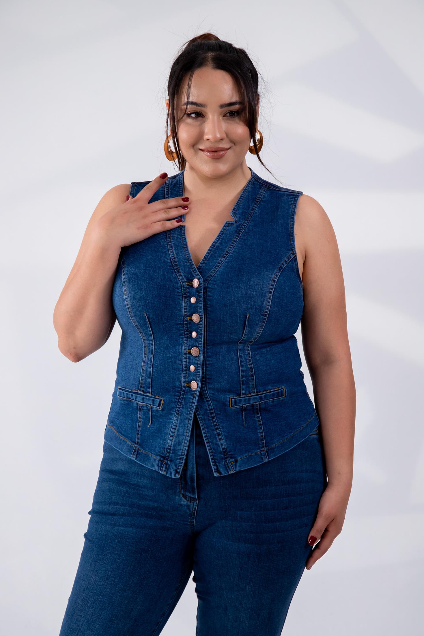 Büyük Beden 112063 Cep Detaylı Denim Yelek  Navy