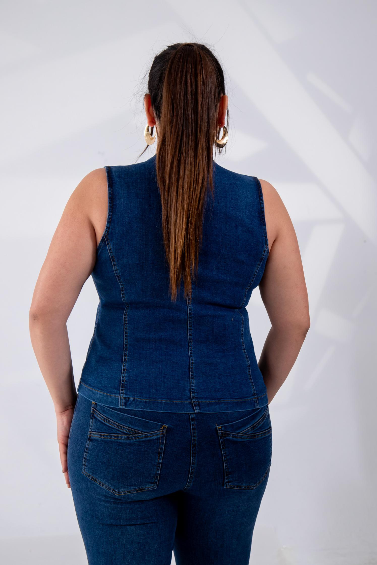 Büyük Beden 112063 Cep Detaylı Denim Yelek  Navy