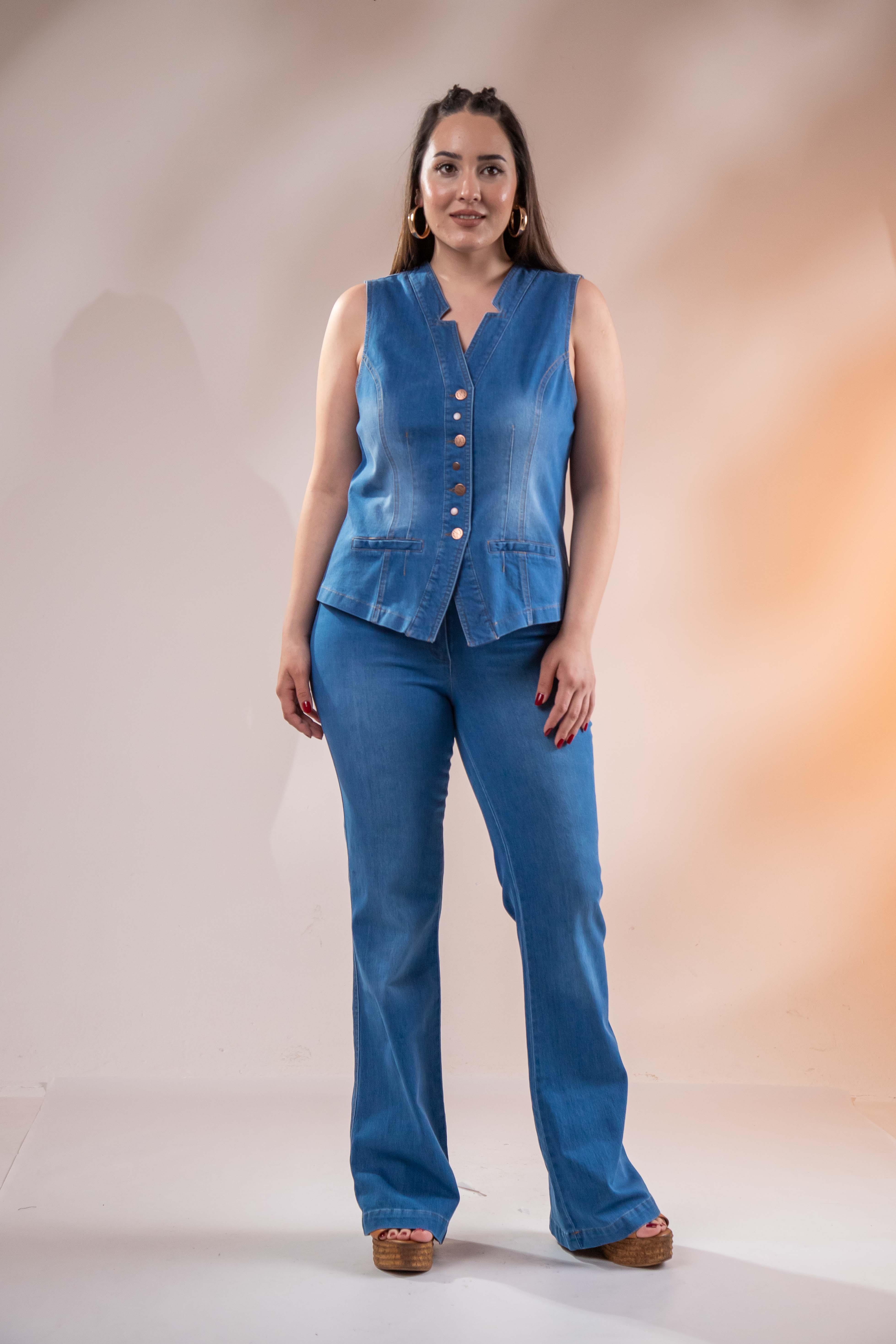 Büyük Beden 112063 Cep Detaylı Denim Yelek  Mavi