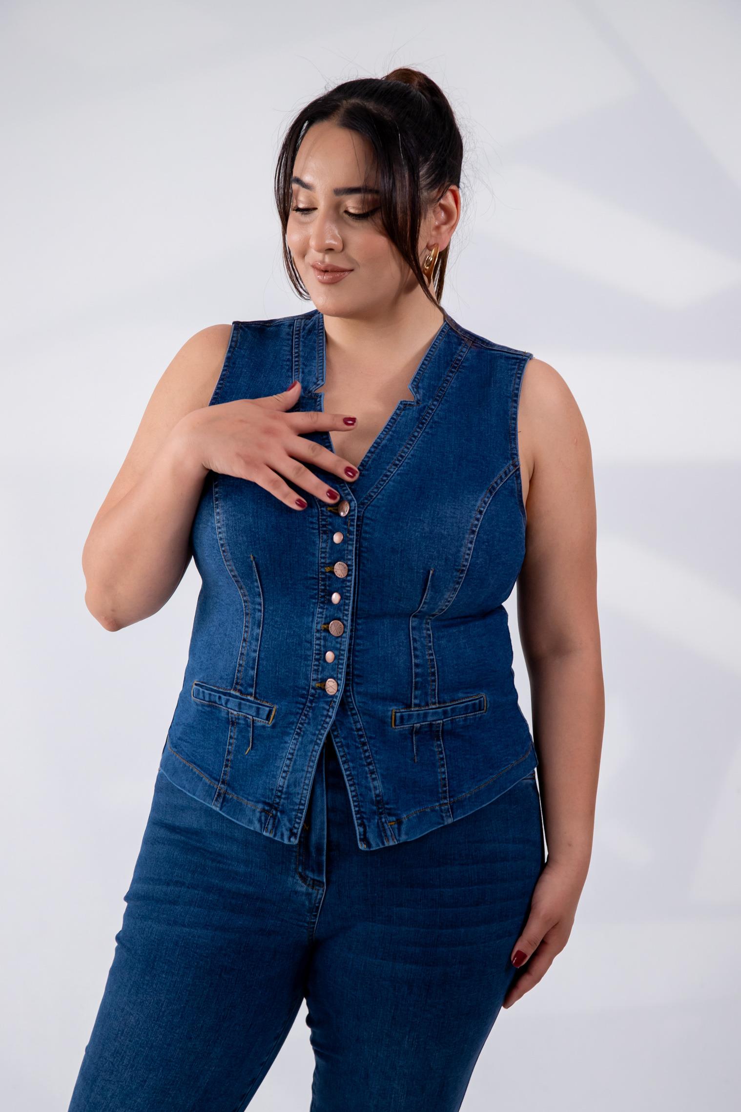 Büyük Beden 112063 Cep Detaylı Denim Yelek  Navy