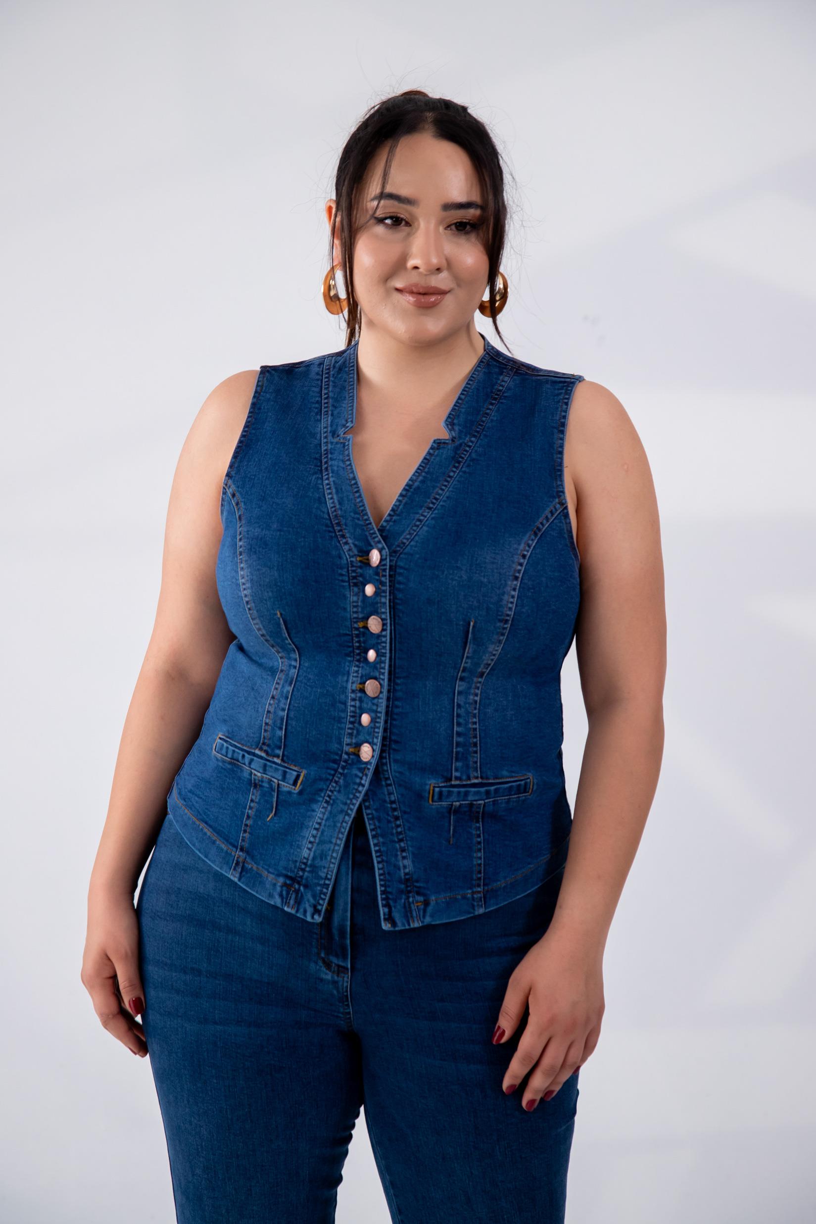 Büyük Beden 112063 Cep Detaylı Denim Yelek  Navy