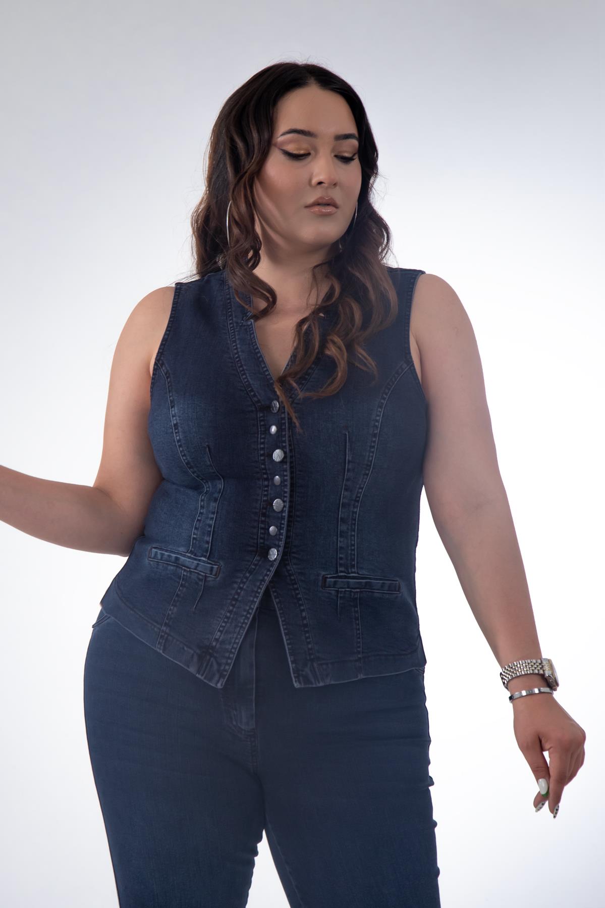 Büyük Beden 112063 Cep Detaylı Denim Yelek  Marsala