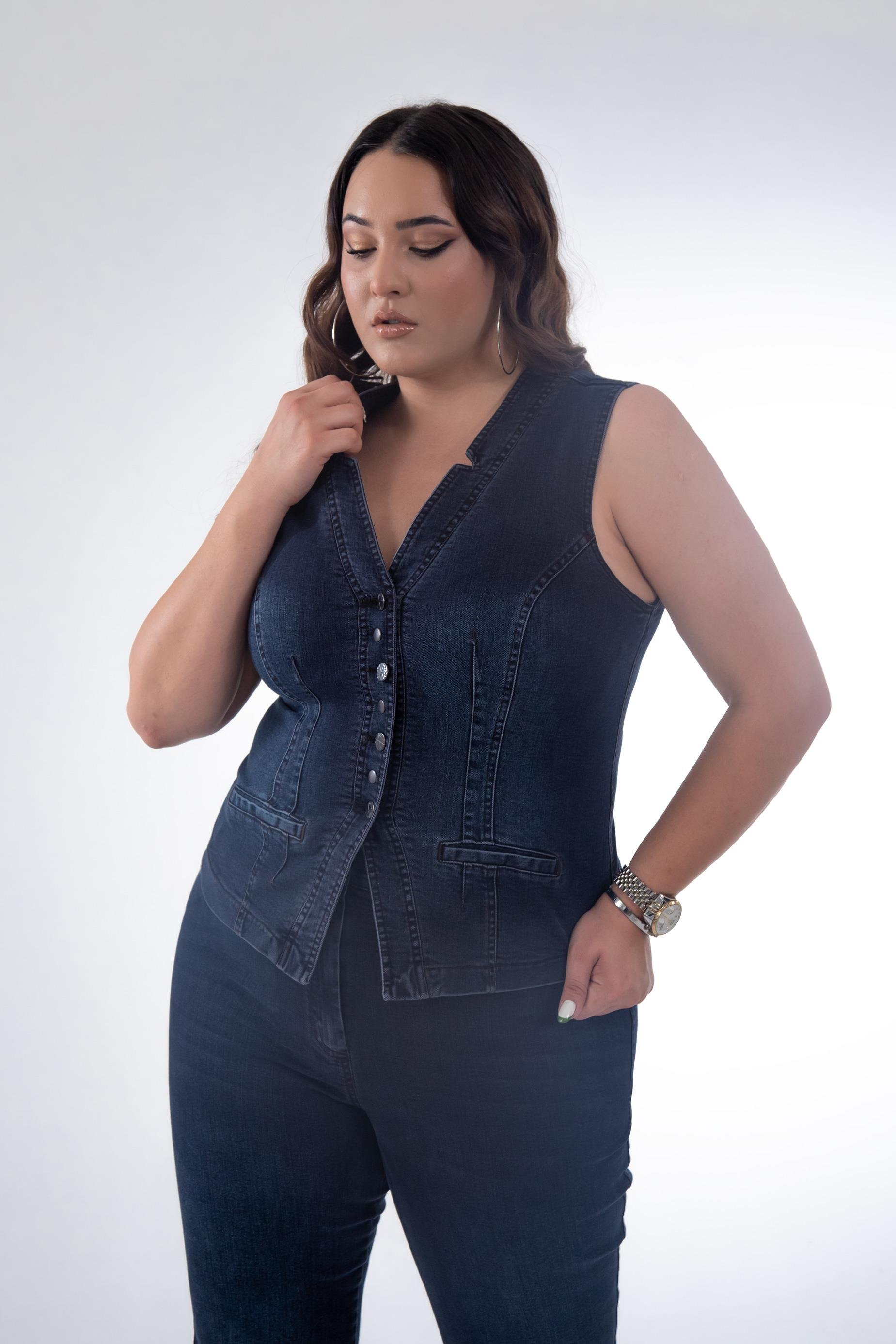 Büyük Beden 112063 Cep Detaylı Denim Yelek  Marsala