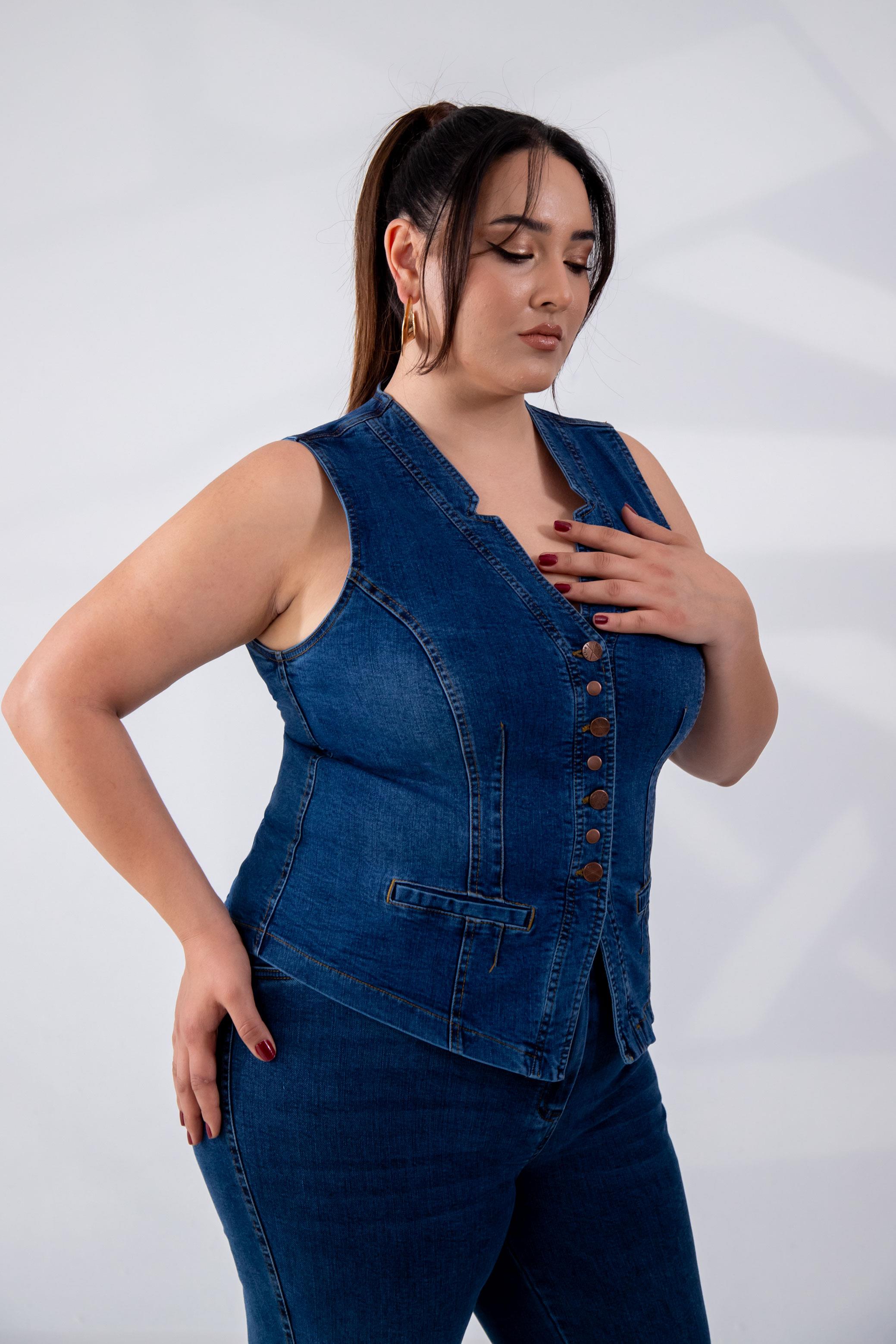 Büyük Beden 112063 Cep Detaylı Denim Yelek  Navy