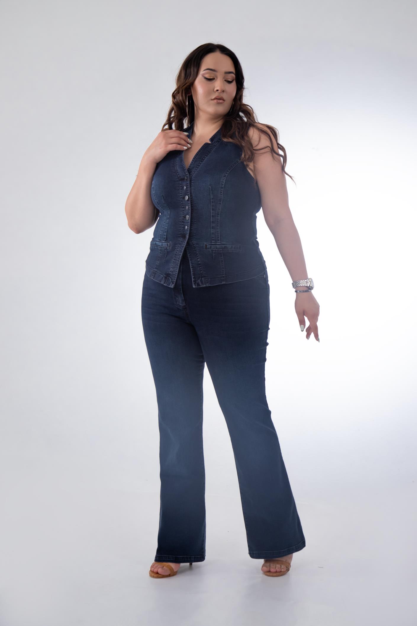 Büyük Beden 112063 Cep Detaylı Denim Yelek  Marsala