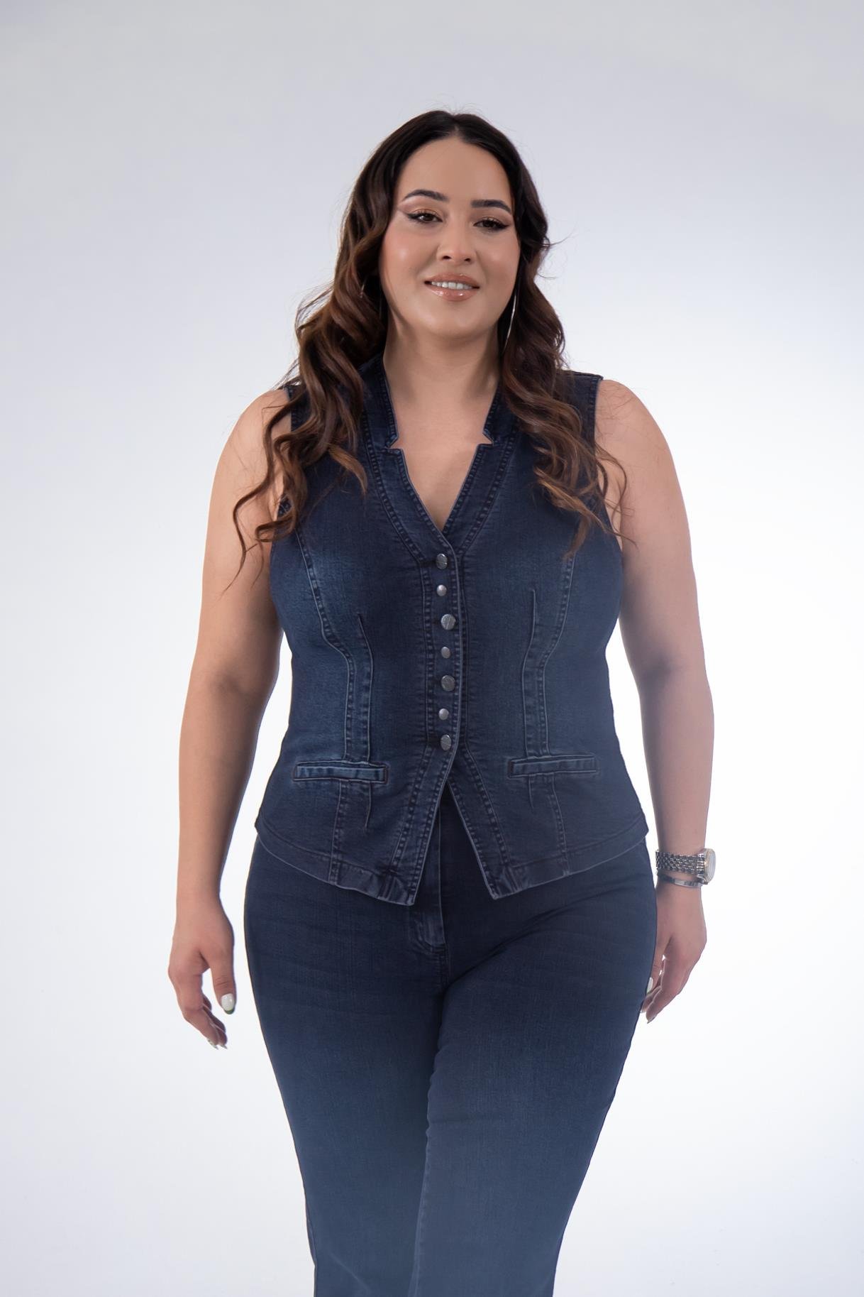 Büyük Beden 112063 Cep Detaylı Denim Yelek  Marsala