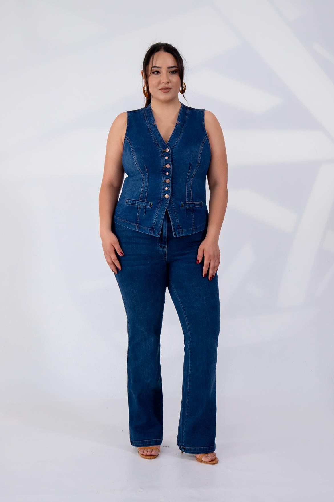 Büyük Beden 112063 Cep Detaylı Denim Yelek  Navy