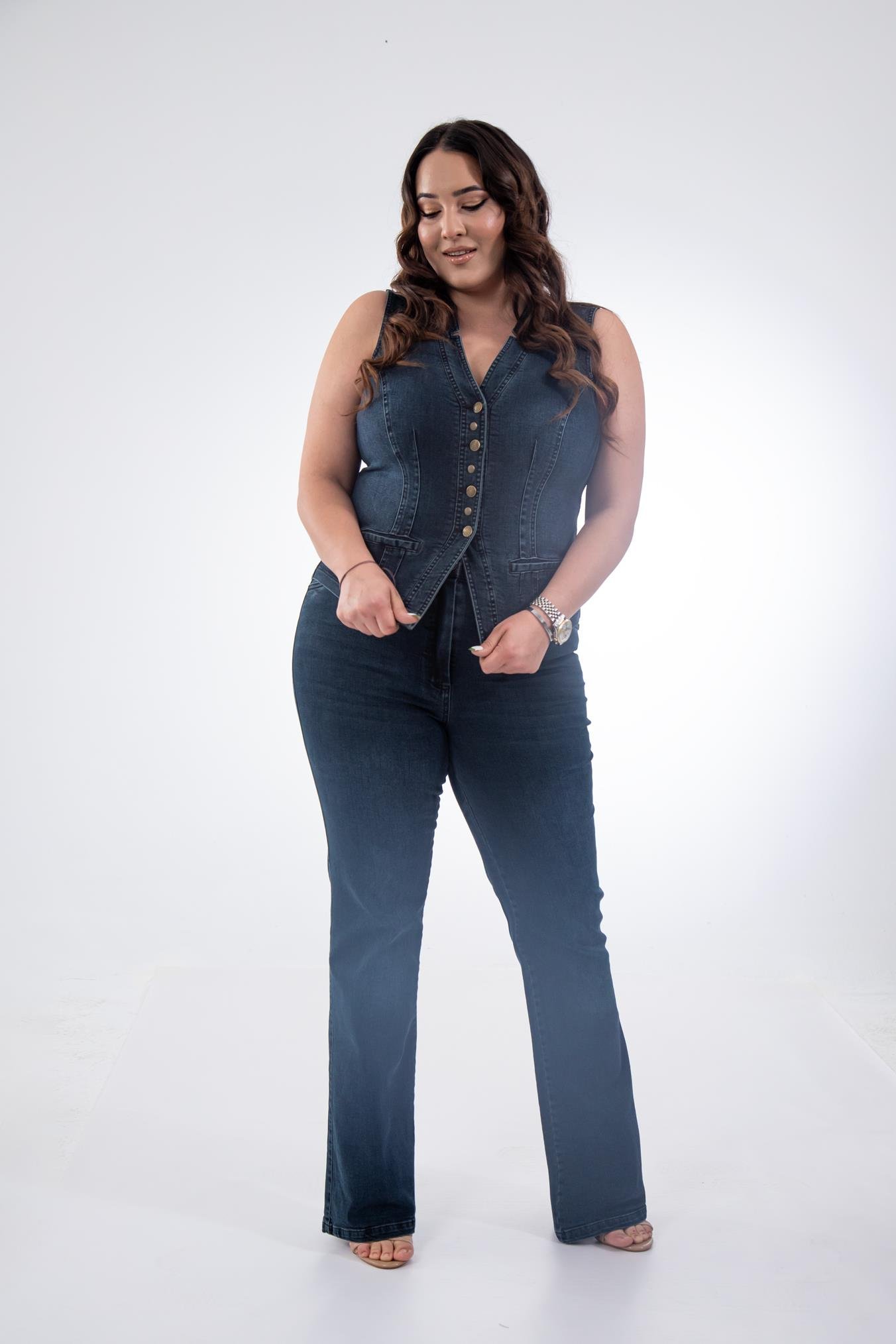 Büyük Beden 112063 Cep Detaylı Denim Yelek  Tobacco