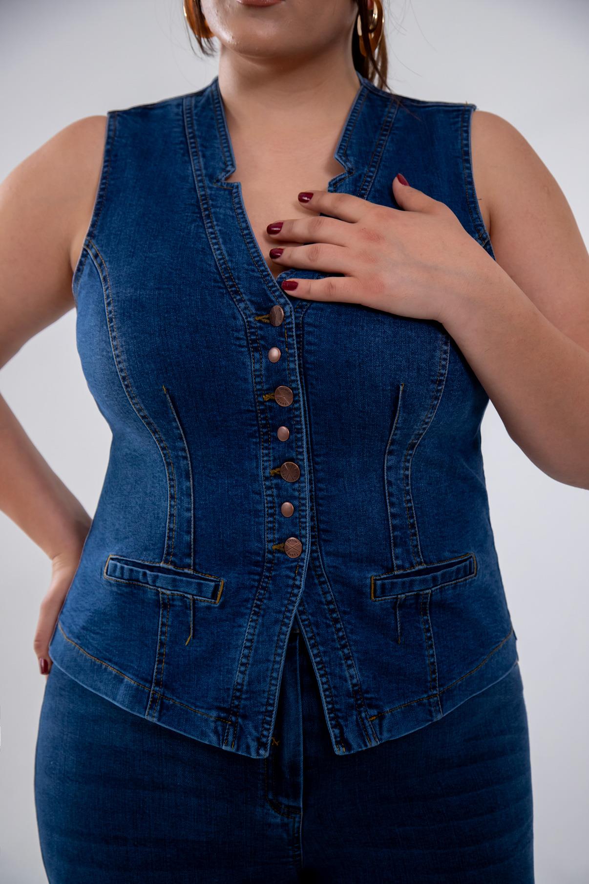 Büyük Beden 112063 Cep Detaylı Denim Yelek  Navy