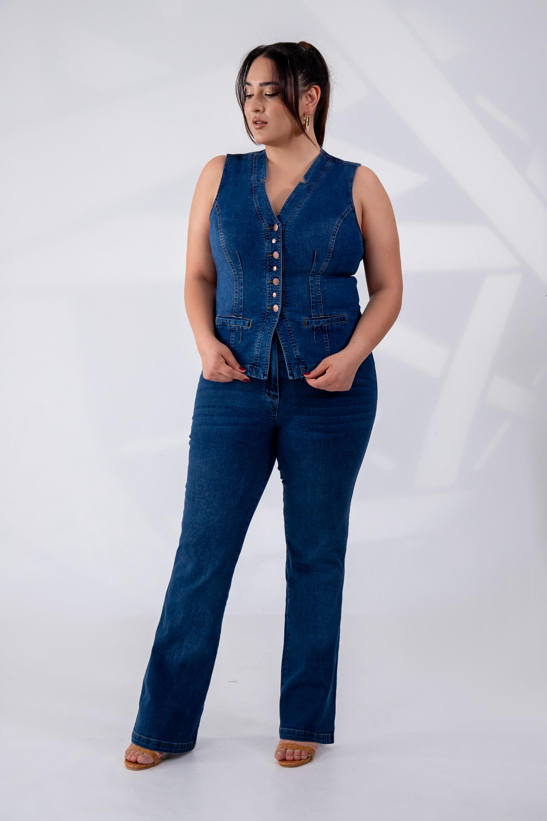 Büyük Beden 112063 Cep Detaylı Denim Yelek  Navy