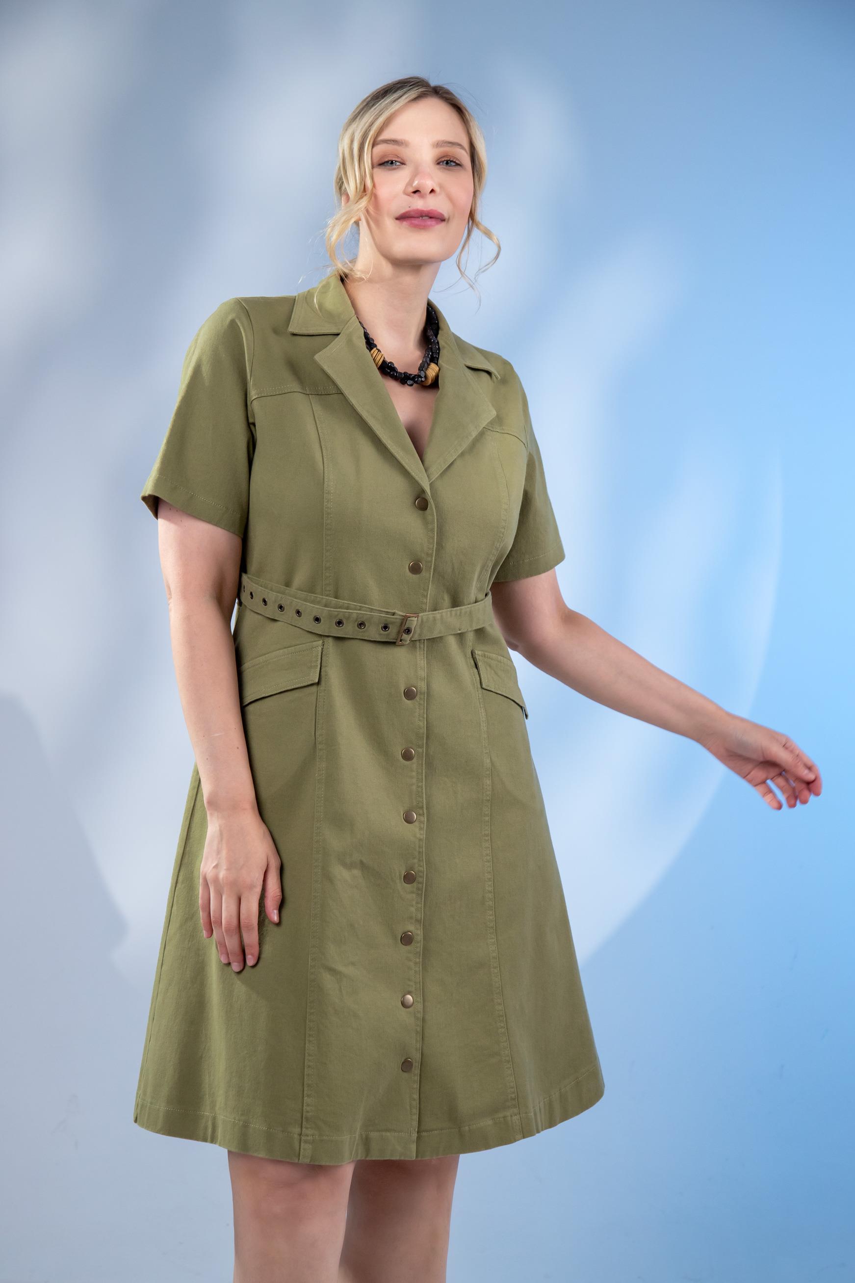 Büyük Beden 1122538 Kemerli Gabardin Elbise  Haki