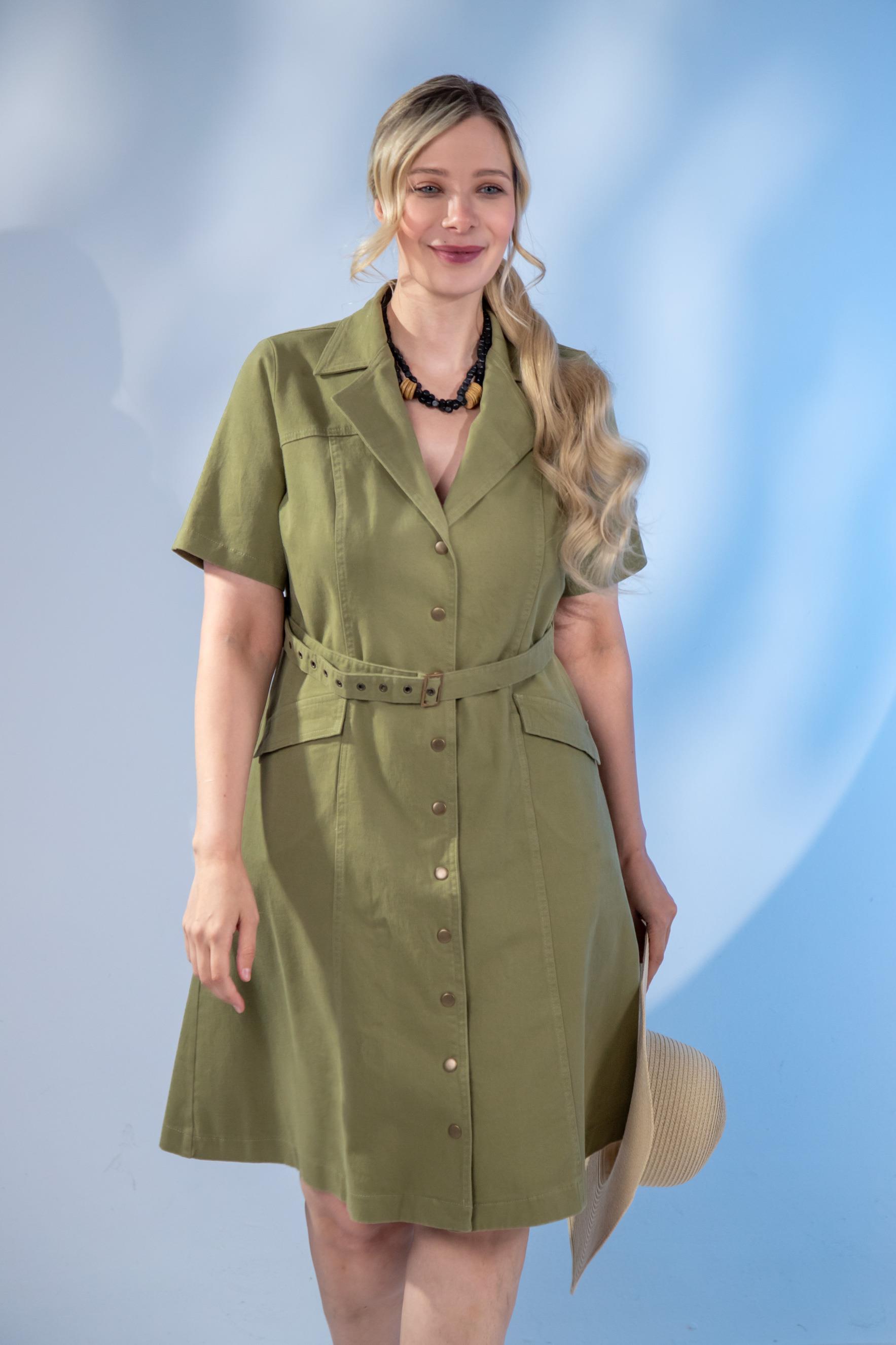 Büyük Beden 1122538 Kemerli Gabardin Elbise  Haki