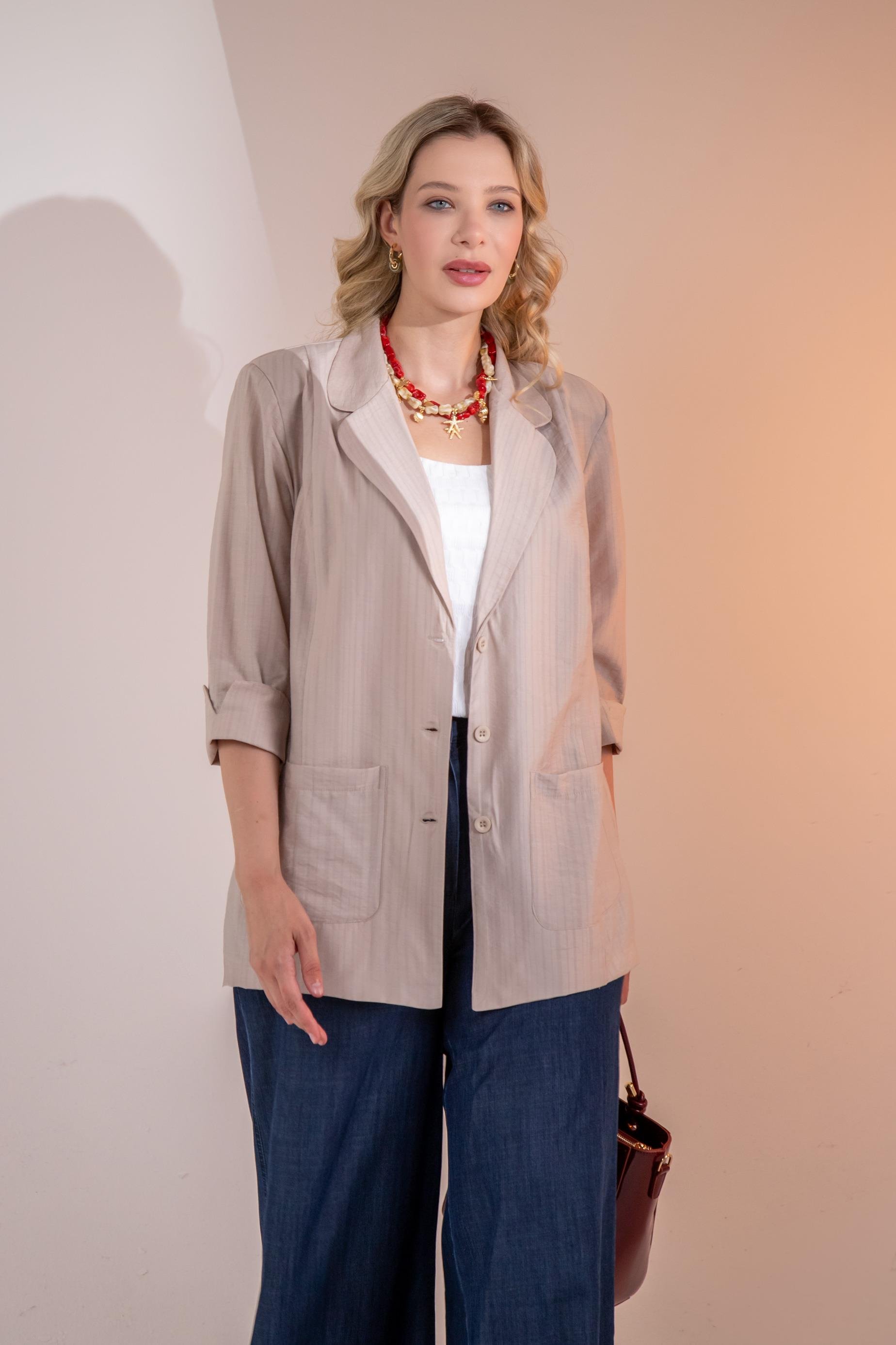 Büyük Beden 1122577 Cepli Ceket Bej