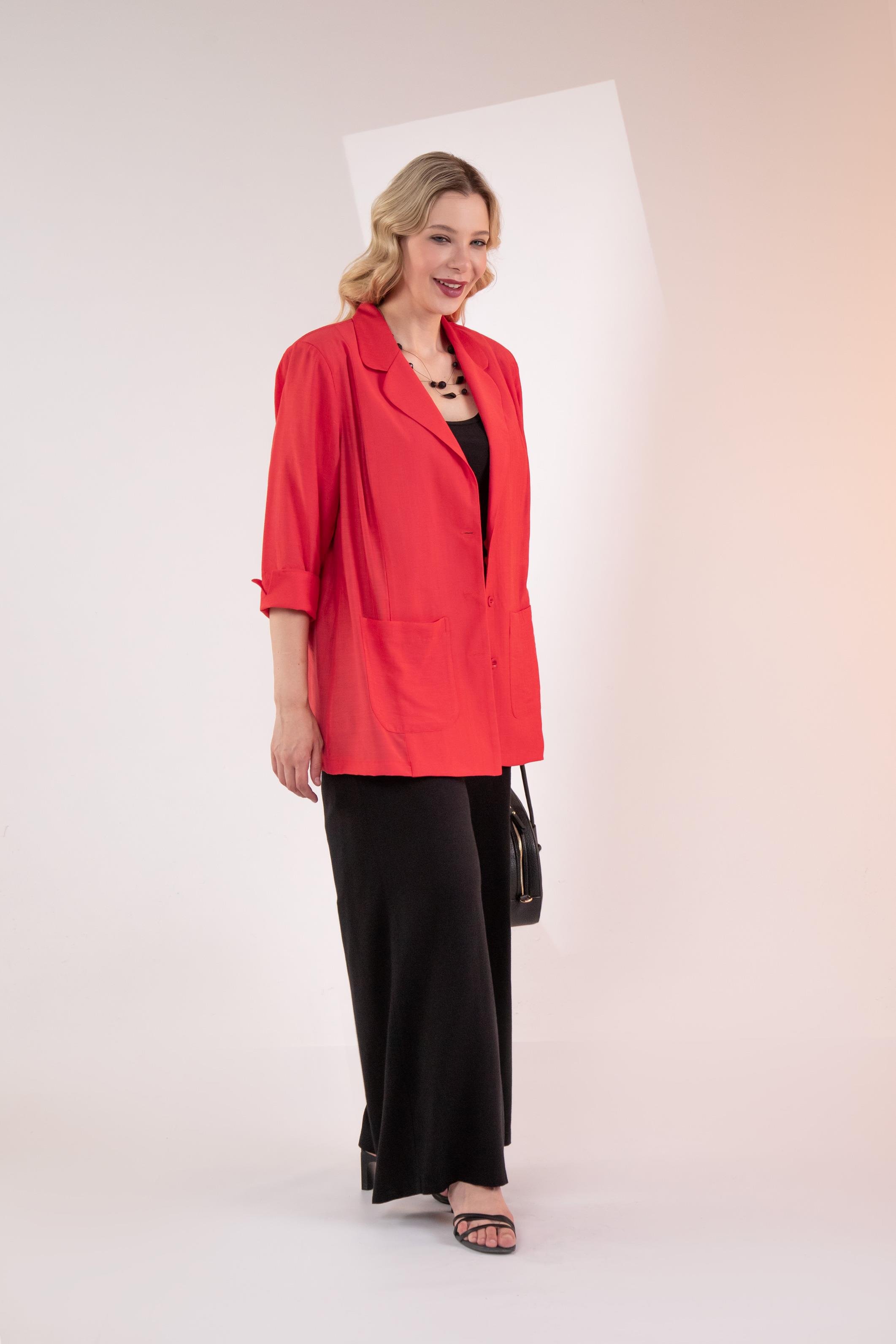 Büyük Beden 1122577 Cepli Ceket Kırmızı