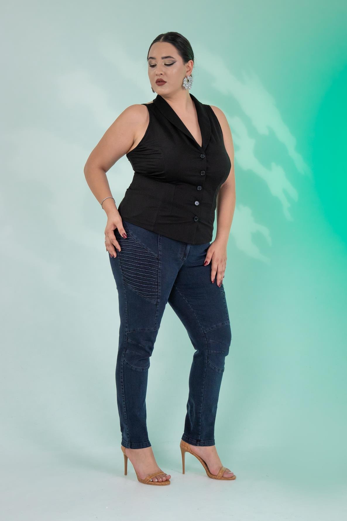 Büyük Beden 121059 Nervürlü Denim  Pantolon  Kahverengi