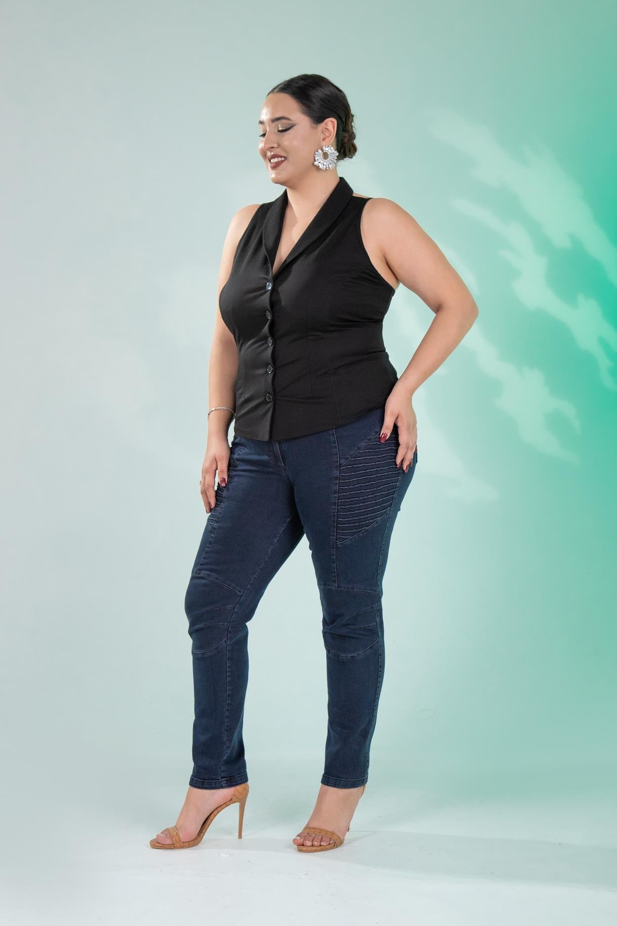 Büyük Beden 121059 Nervürlü Denim  Pantolon  Kahverengi