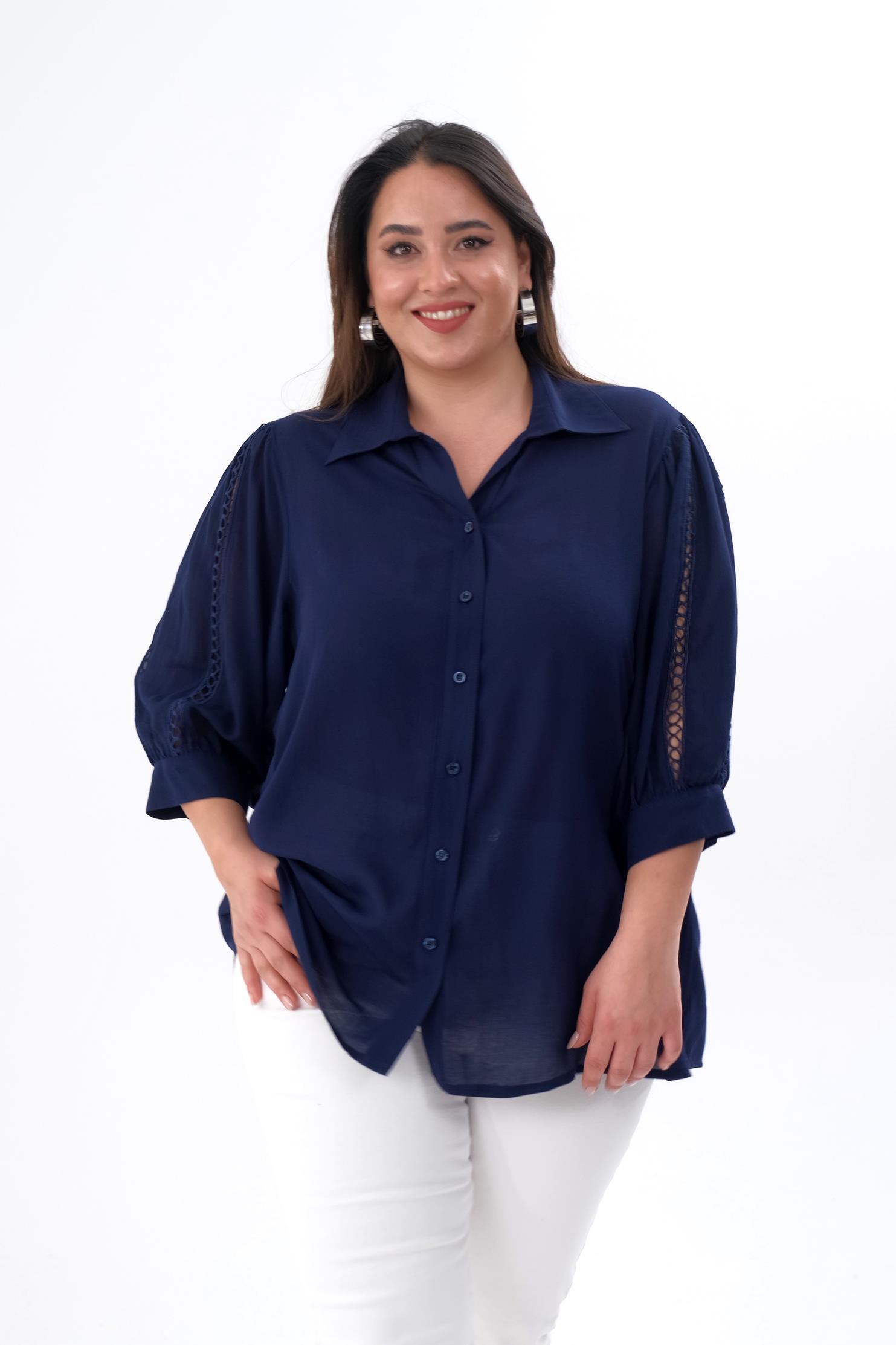 Büyük Beden 1211026 Kolu Şerit Detaylı Gömlek  Dark Blue