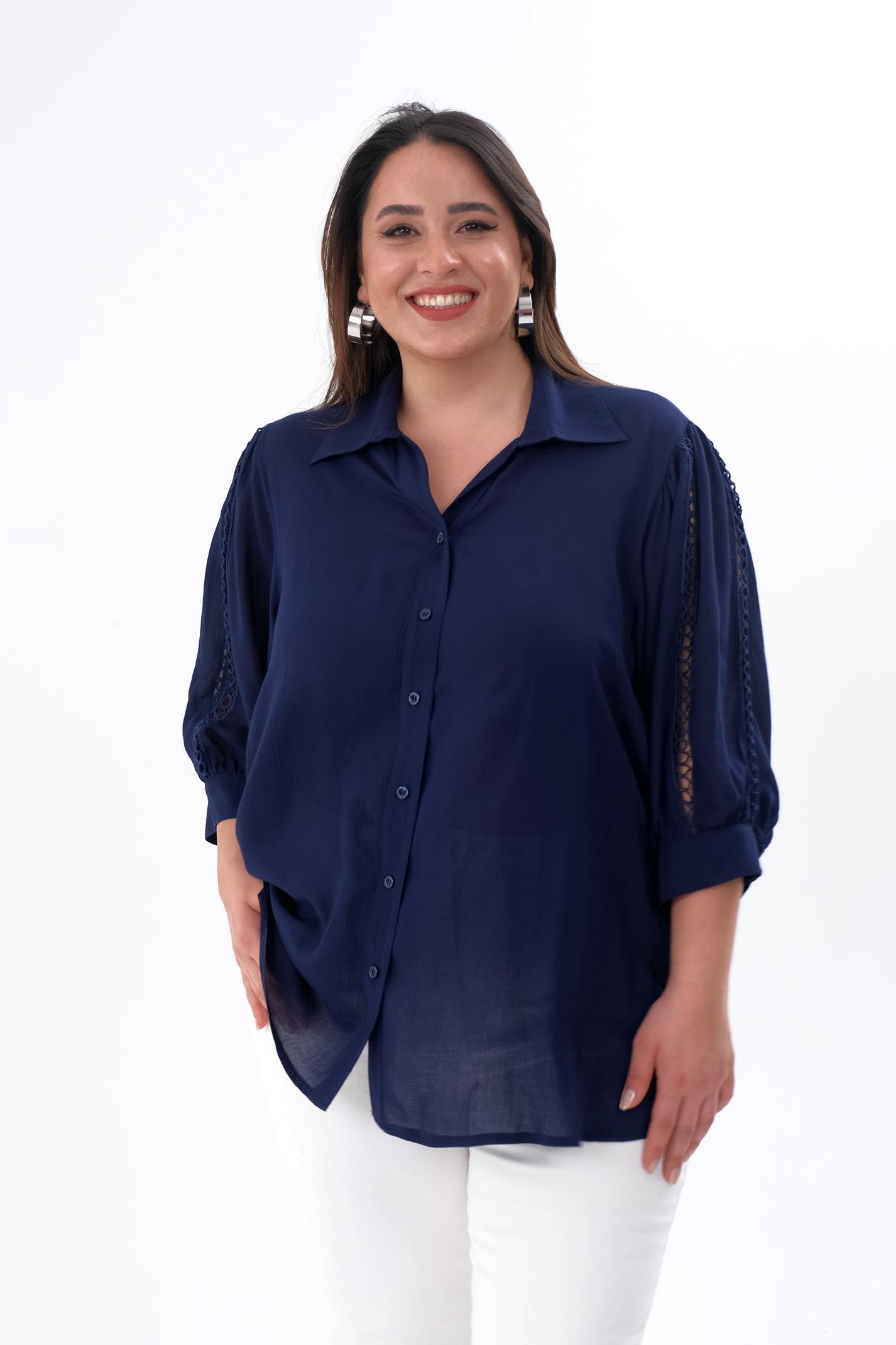 Büyük Beden 1211026 Kolu Şerit Detaylı Gömlek  Dark Blue