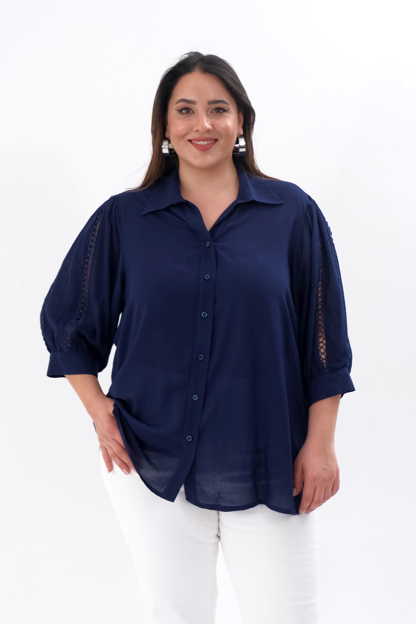 Büyük Beden 1211026 Kolu Şerit Detaylı Gömlek  Dark Blue