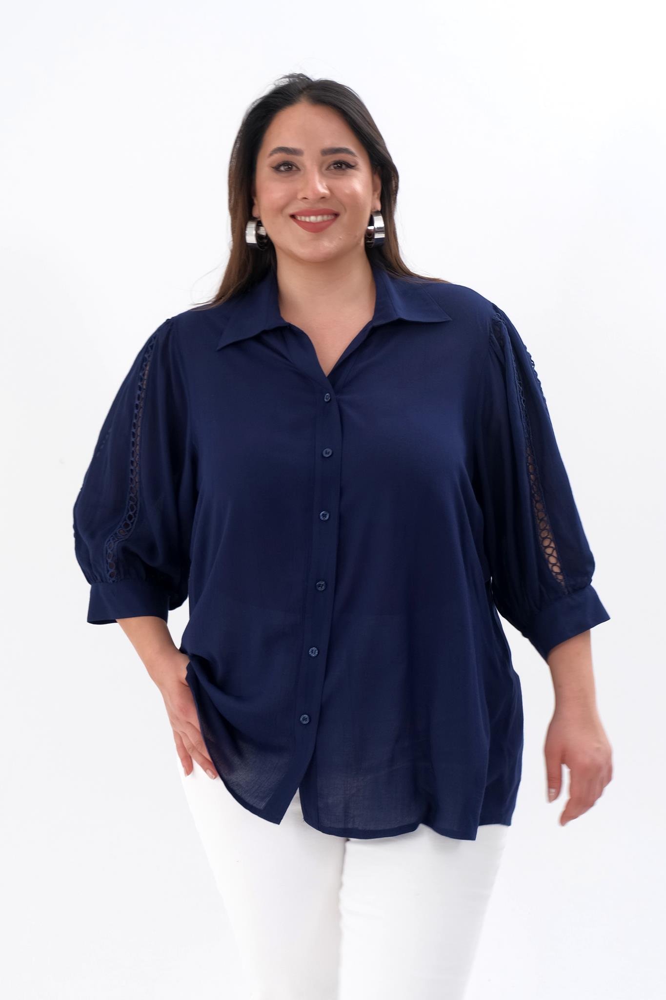 Büyük Beden 1211026 Kolu Şerit Detaylı Gömlek  Dark Blue