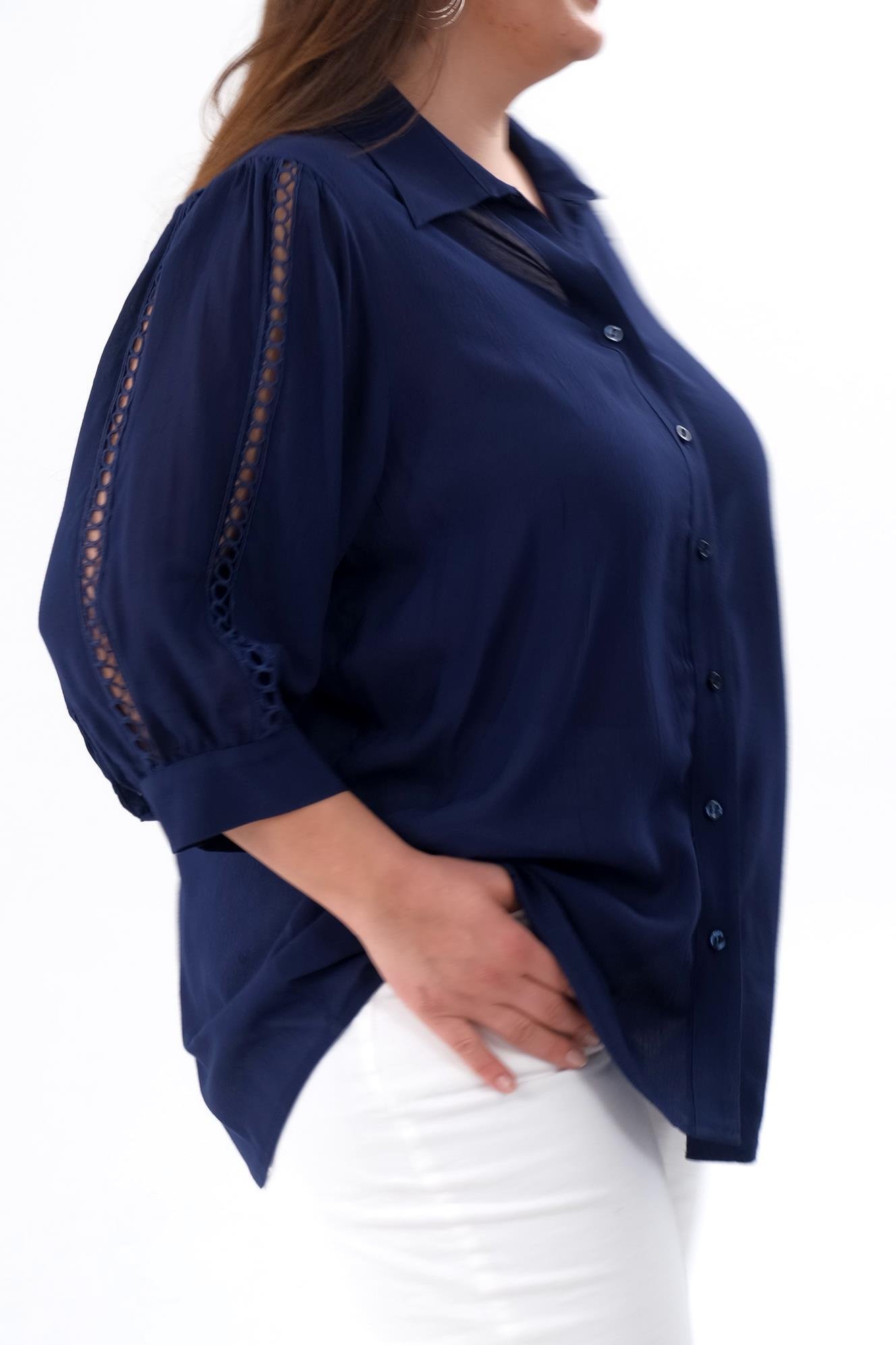 Büyük Beden 1211026 Kolu Şerit Detaylı Gömlek  Dark Blue