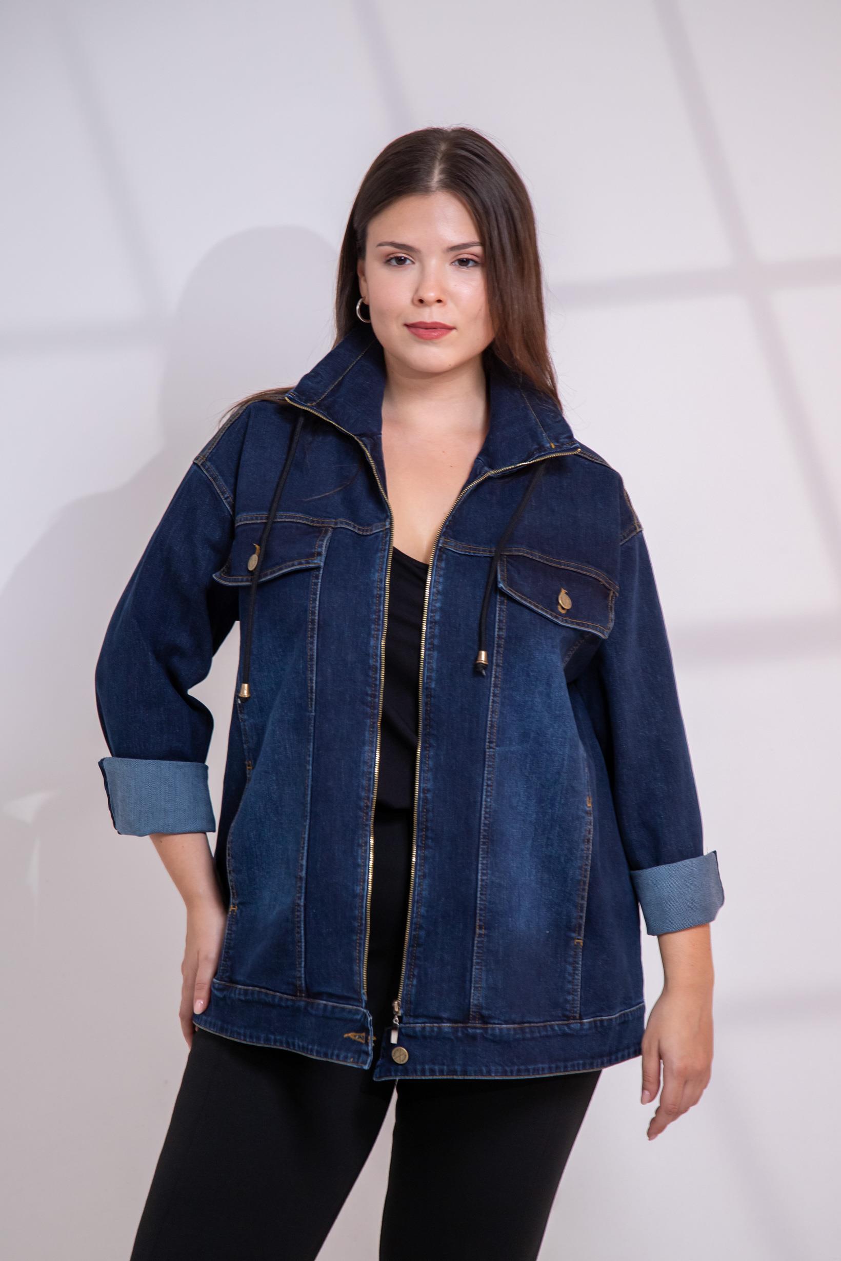 Büyük Beden 1211039 Fermuar Detaylı Denim Ceket  Lacivert