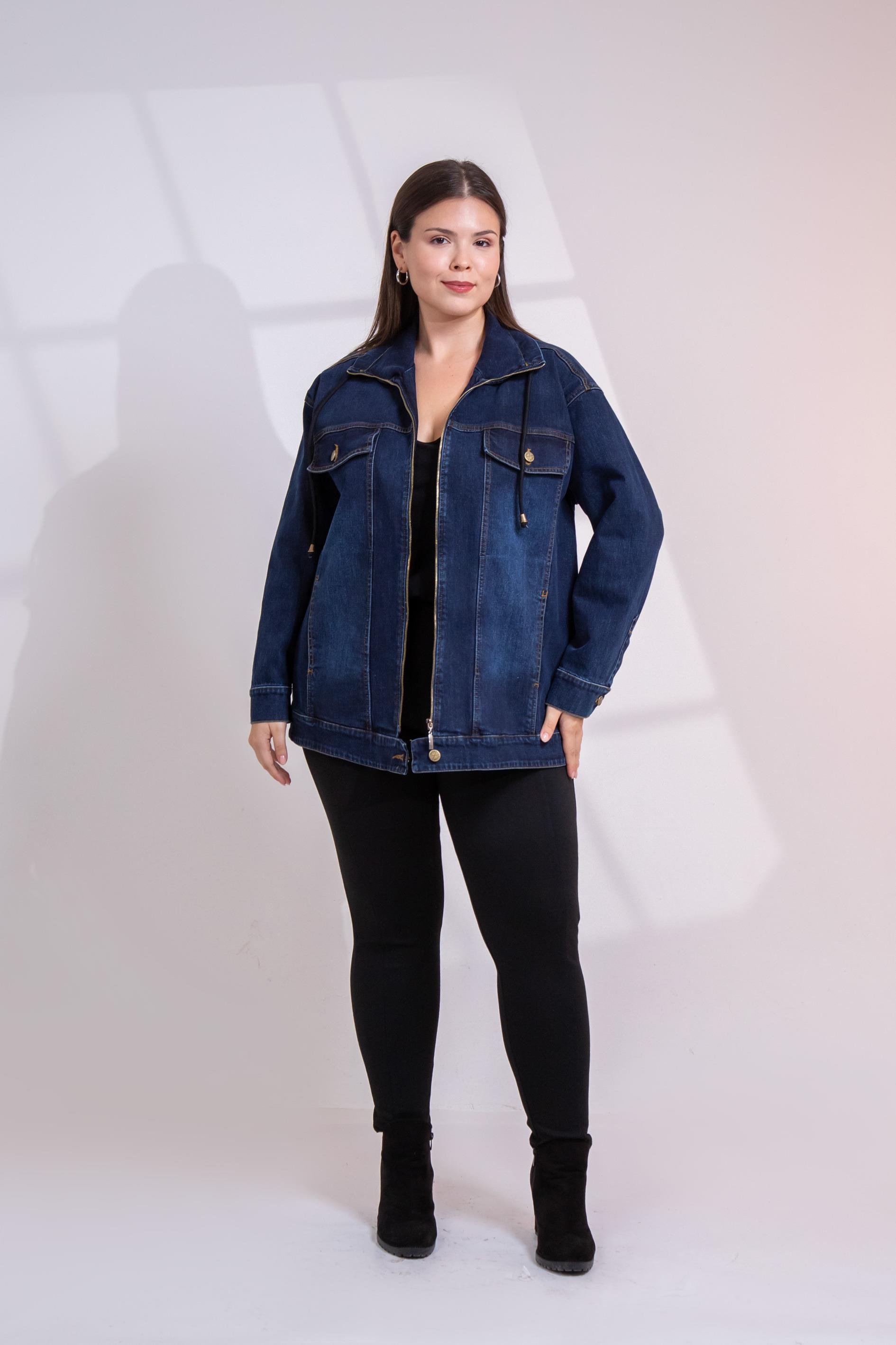 Büyük Beden 1211039 Fermuar Detaylı Denim Ceket  Lacivert